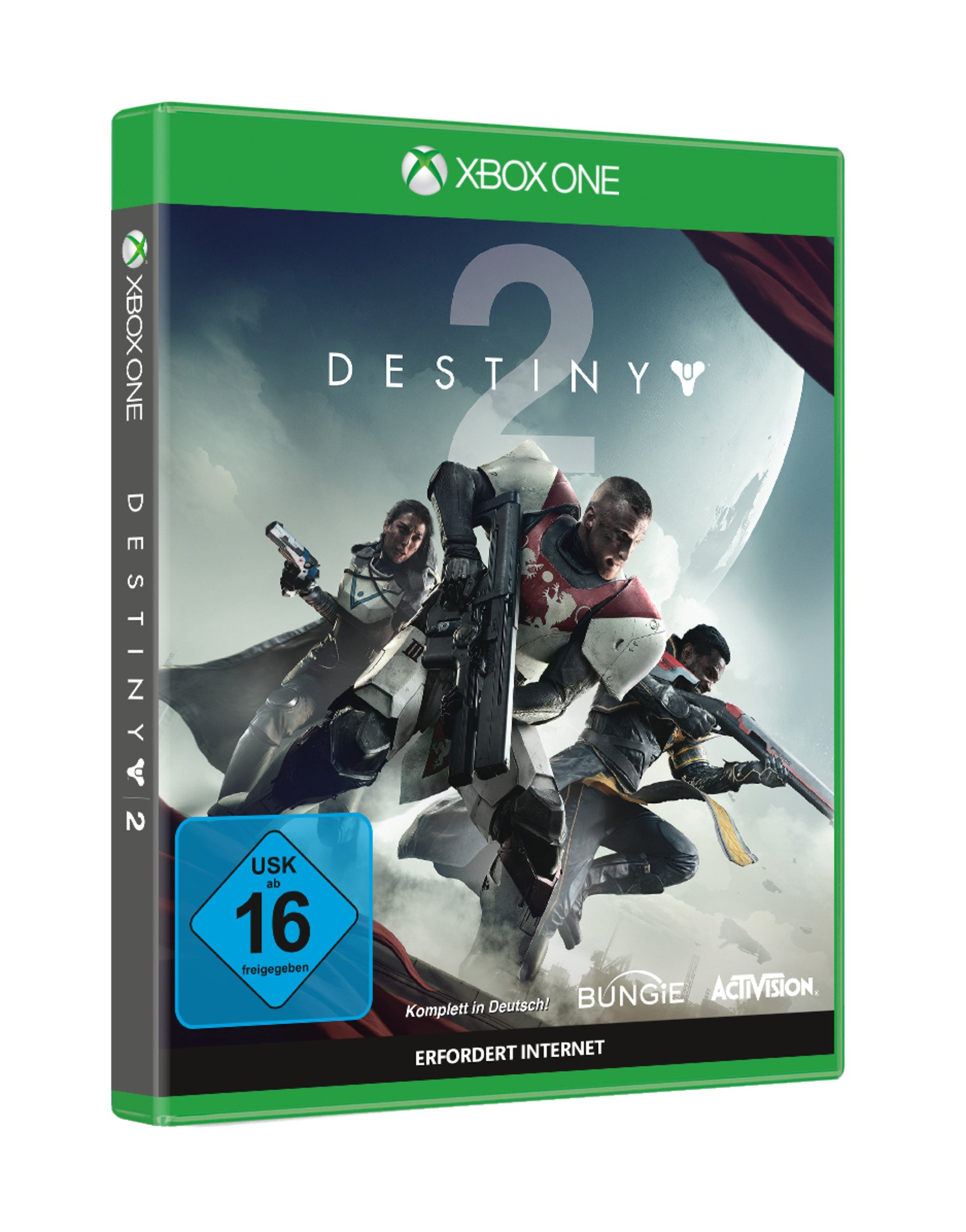 Destiny 2 Spielverpackung für Xbox One, mit einem Cover, das Charaktere in Aktion und Spieldetails zeigt.