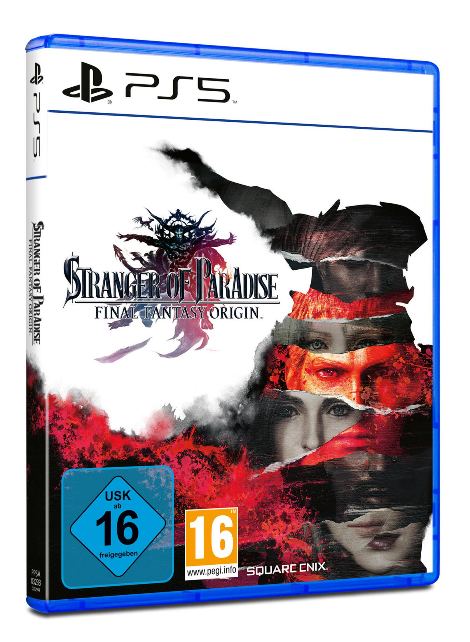 Stranger of Paradise: Final Fantasy Origin Spielcover. Gesichter, Figuren und dunkler roter Hintergrund.