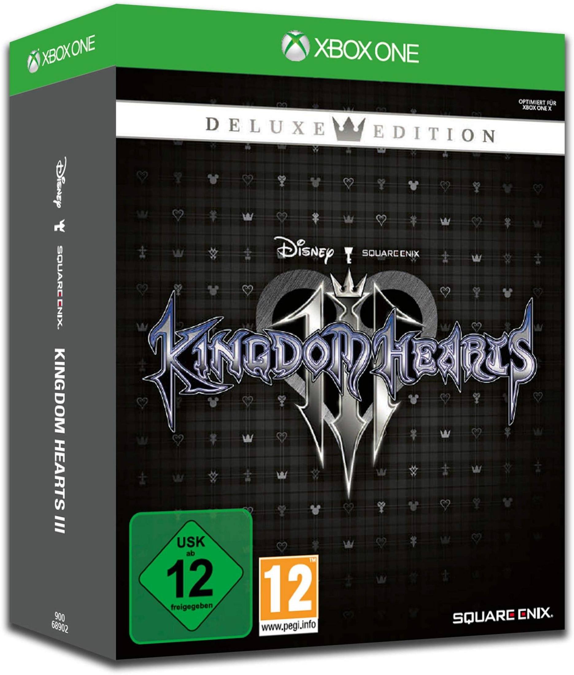Eine Videospielbox von 'Kingdom Hearts III' für Xbox One. Die Box ist dunkel mit Spielgrafik.
