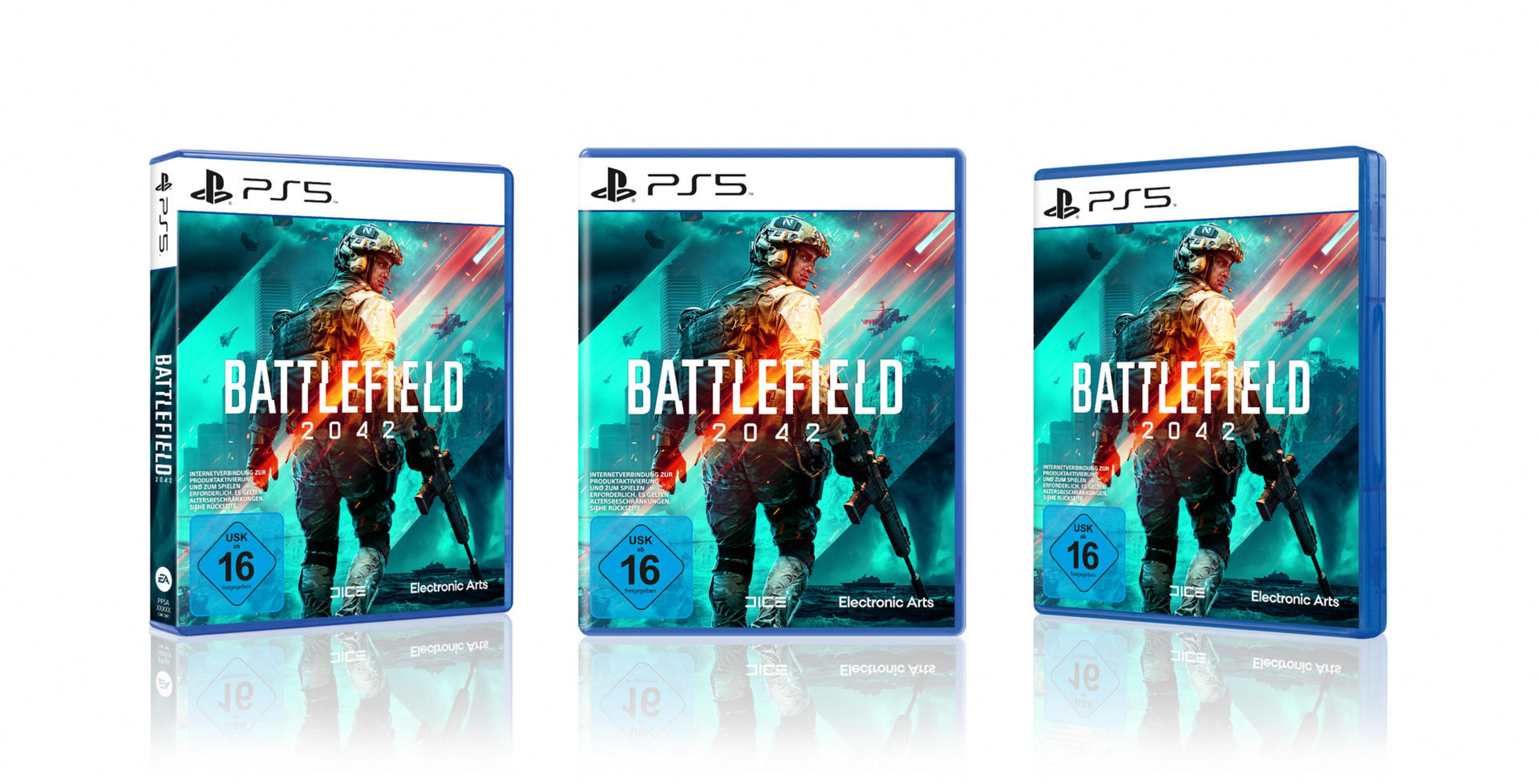 Drei Battlefield 2042 PS5-Spielehüllen. Blaue Hüllen mit Spielgrafik und Logo.