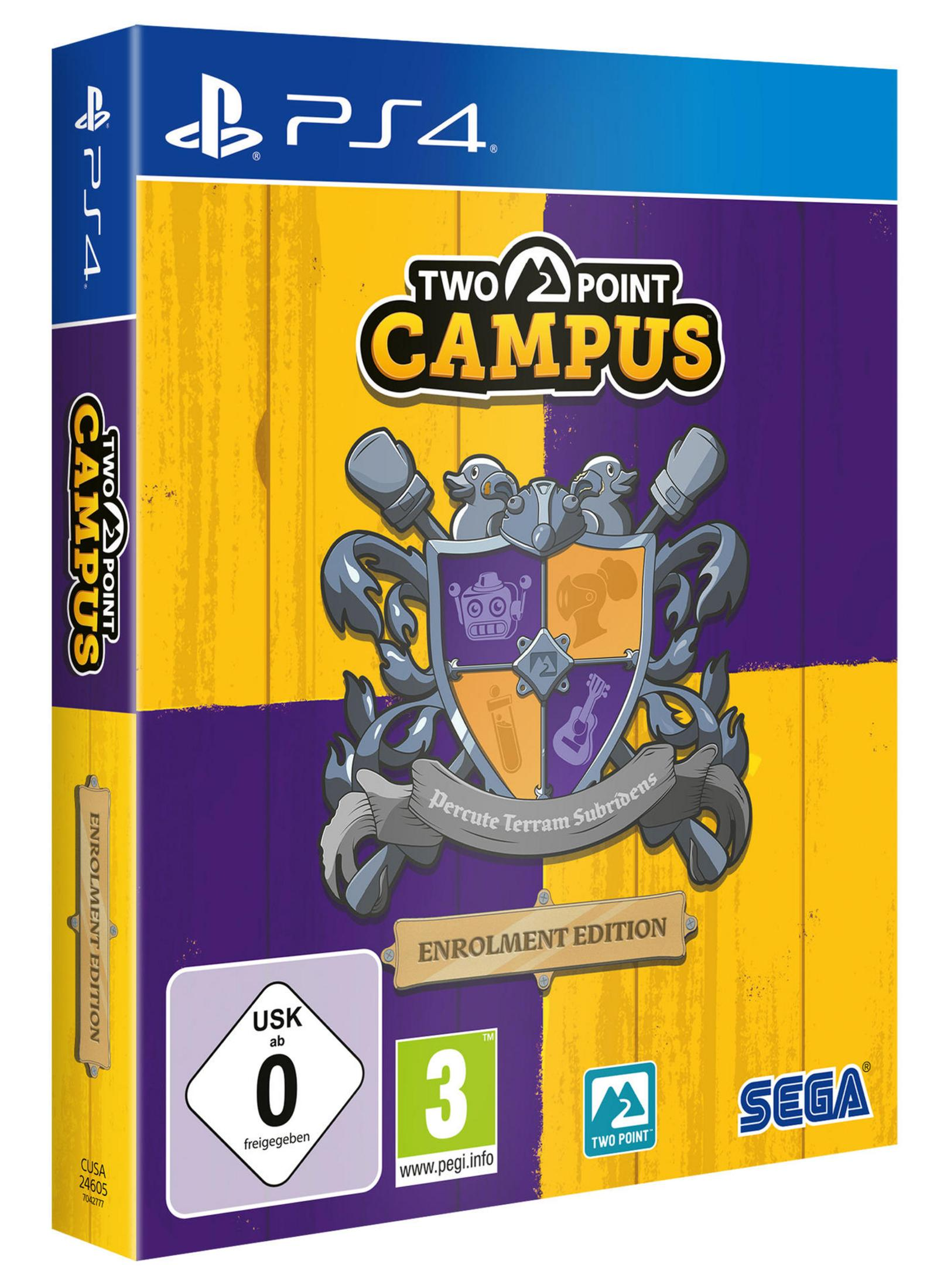Two Point Campus Videospielbox, mit Spielgrafik und Logo.