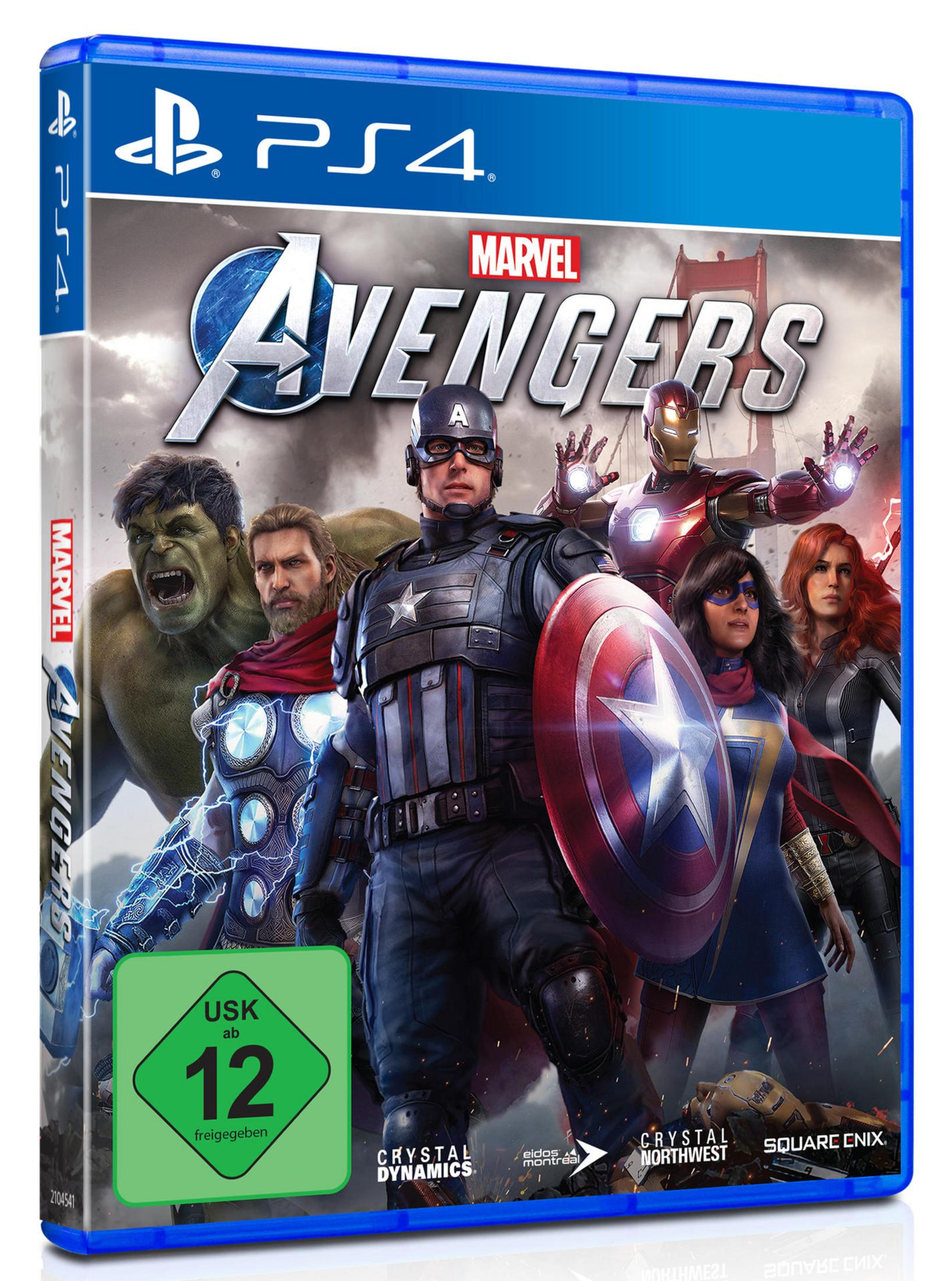 Schachtel des Spiels Marvel's Avengers für PS4 mit mehreren Superhelden und dem Avengers-Logo.