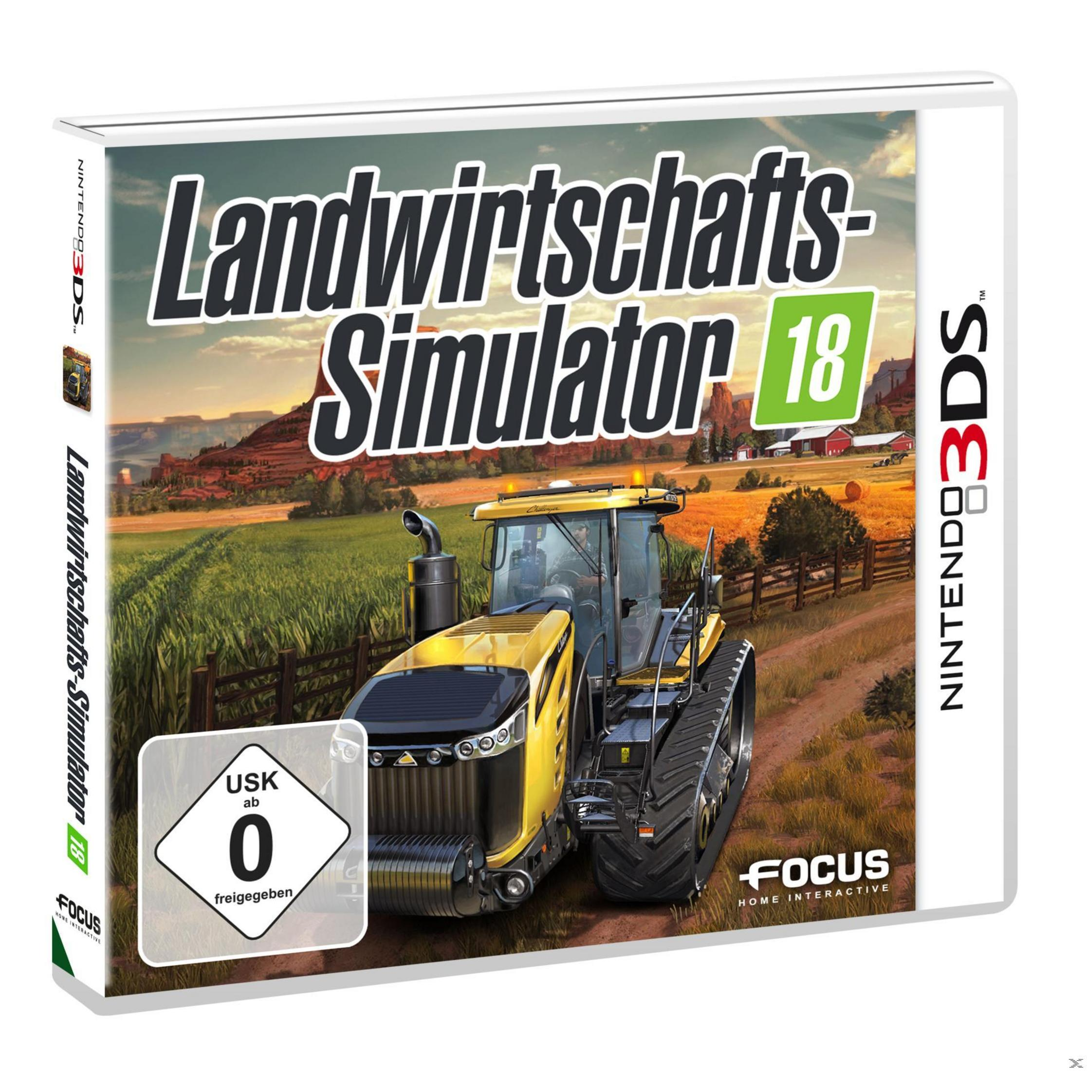 Eine Spielbox für Landwirtschafts-Simulator 18. Ein gelber Traktor fährt durch ein Feld.