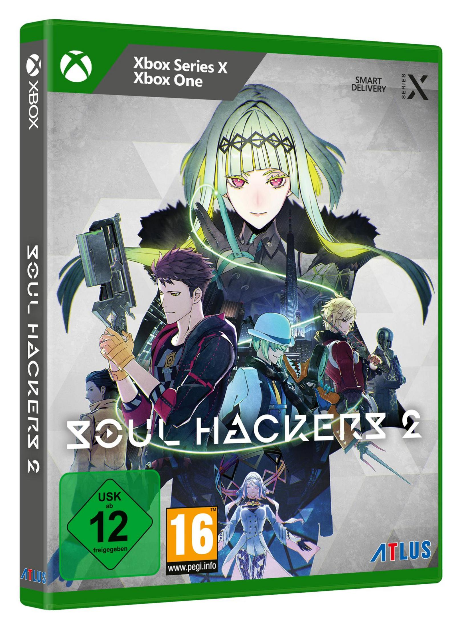 Scatola del gioco Soul Hackers 2. La copertina mostra diversi personaggi in un ambiente futuristico.