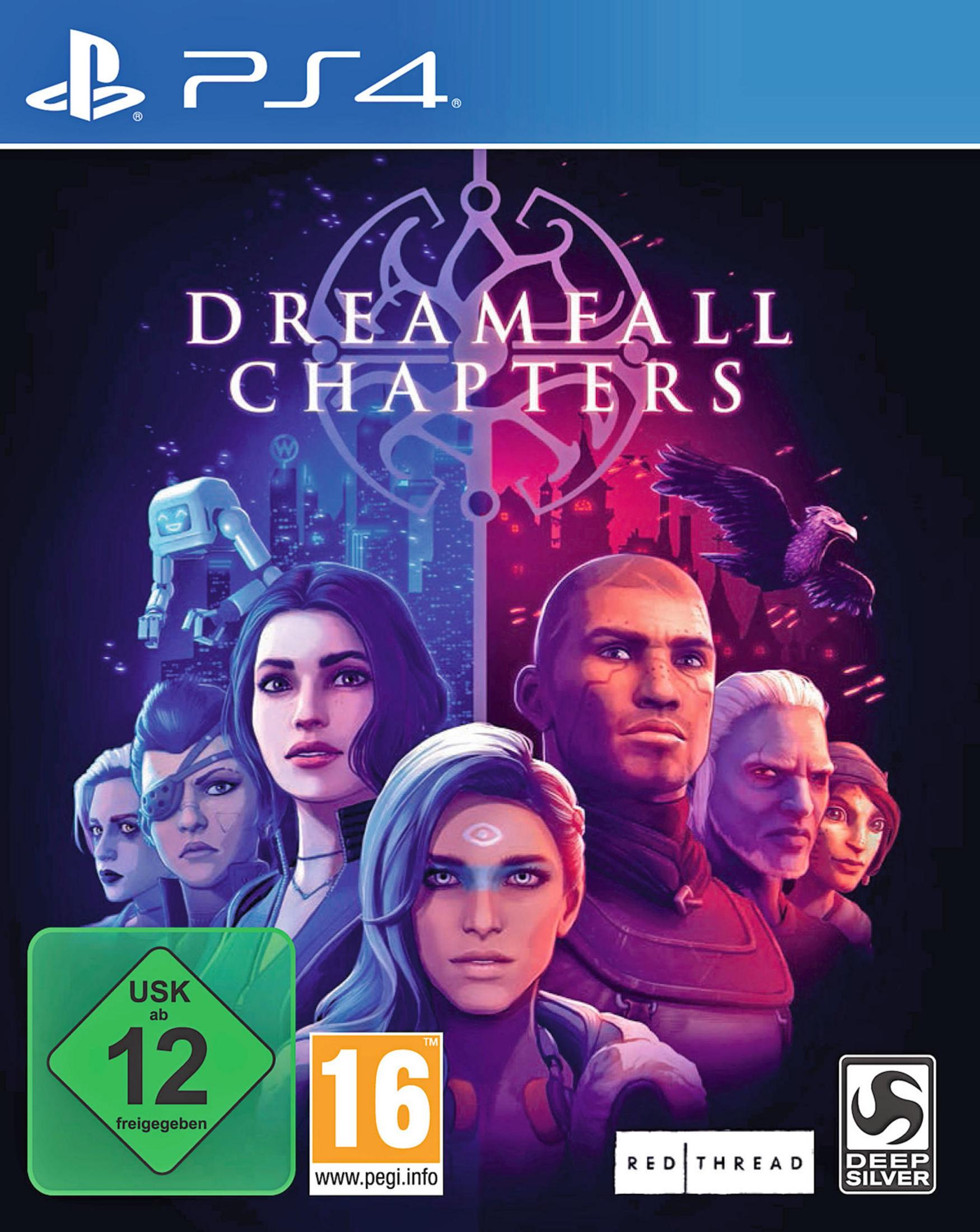 Dreamfall Chapters PS4-Spielhülle. Zeigt verschiedene Charaktere mit futuristischem Design.