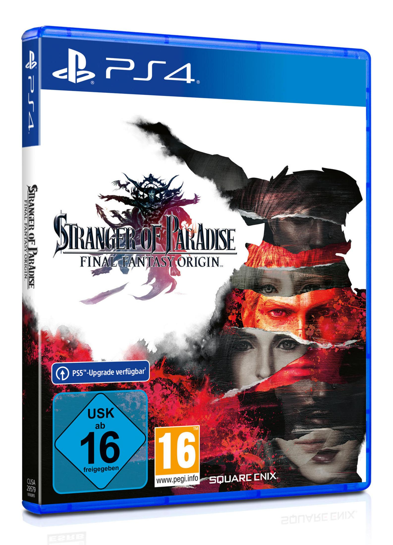 Stranger of Paradise-Spielhülle. Fantasy-Charaktere auf dem Cover. PS4-Logo oben links.