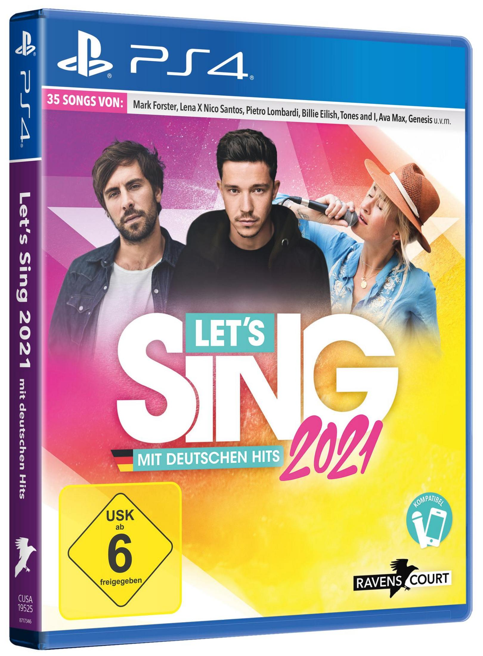 Scatola del gioco PS4 per "Let's Sing 2021". La copertina mostra tre persone e uno sfondo colorato.