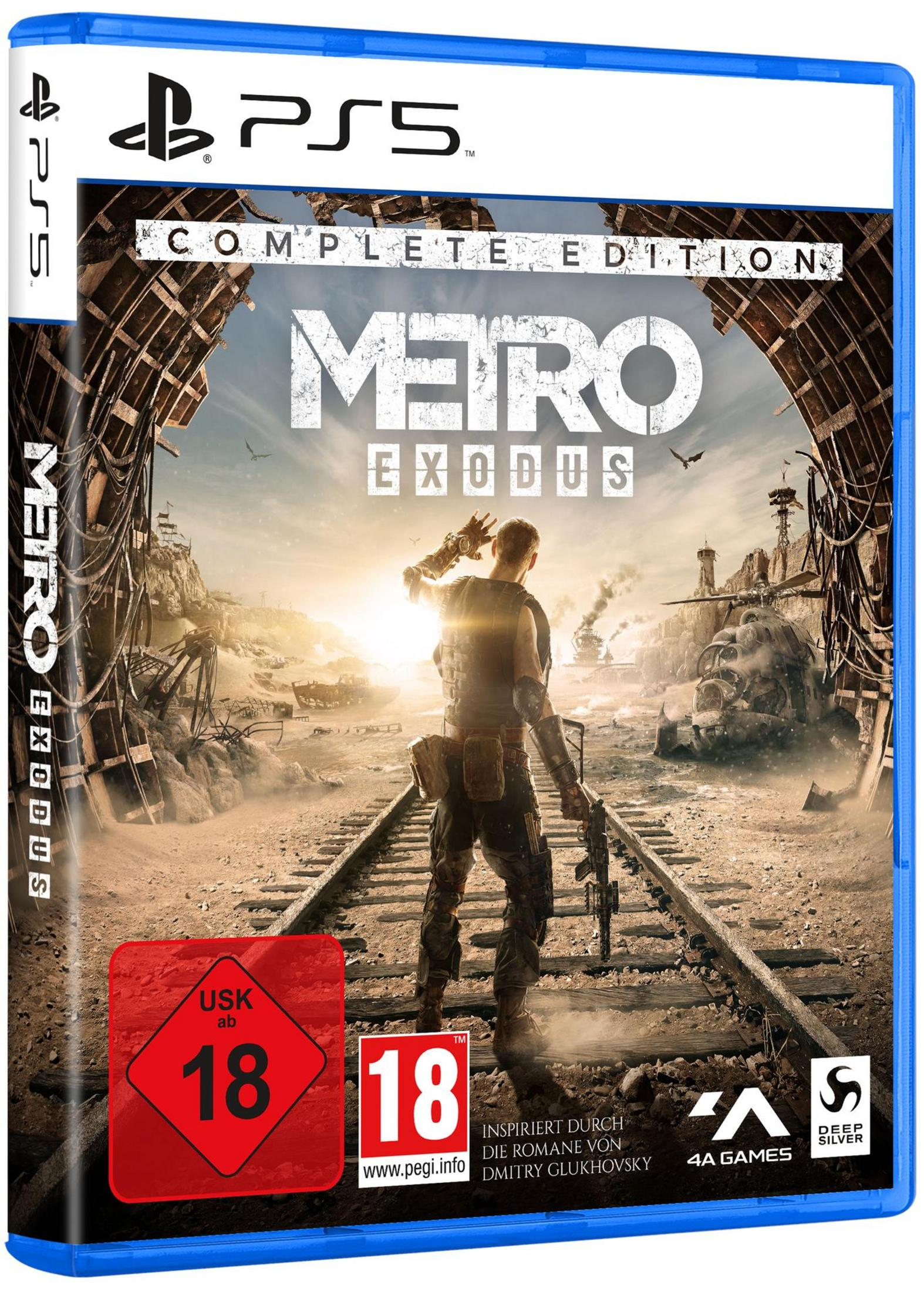 PS5-Spielcover für Metro Exodus, mit einem Mann auf Bahngleisen und Ruinen. Rot und blaue Farben.