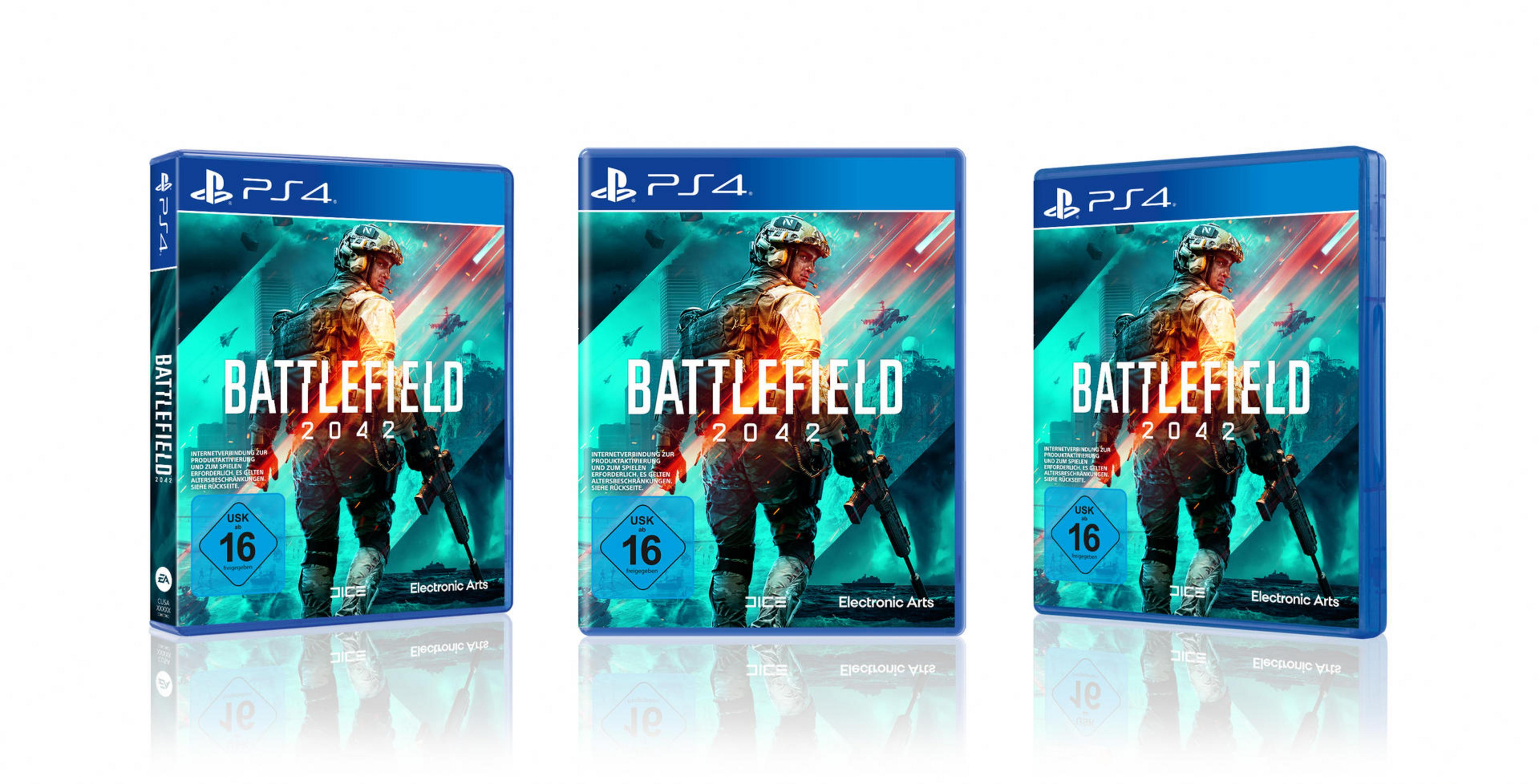 Drei PS4-Spielcover: Battlefield 2042. Soldaten und Hubschrauber sind sichtbar.