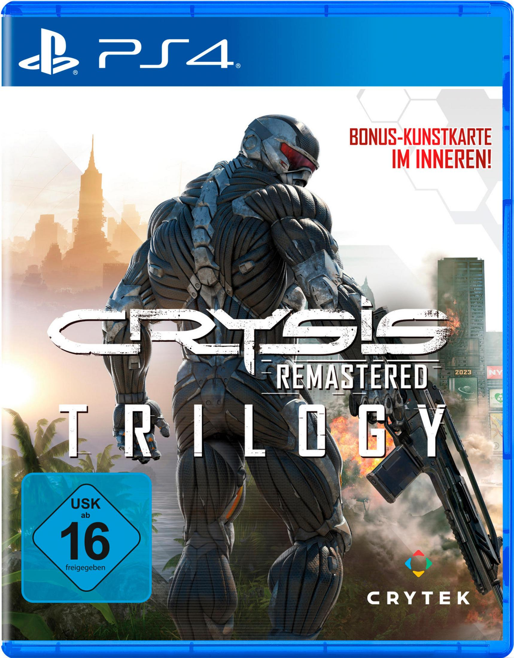 Crysis Remastered Trilogy PS4 Spielcover, Soldat und Stadt im Hintergrund.