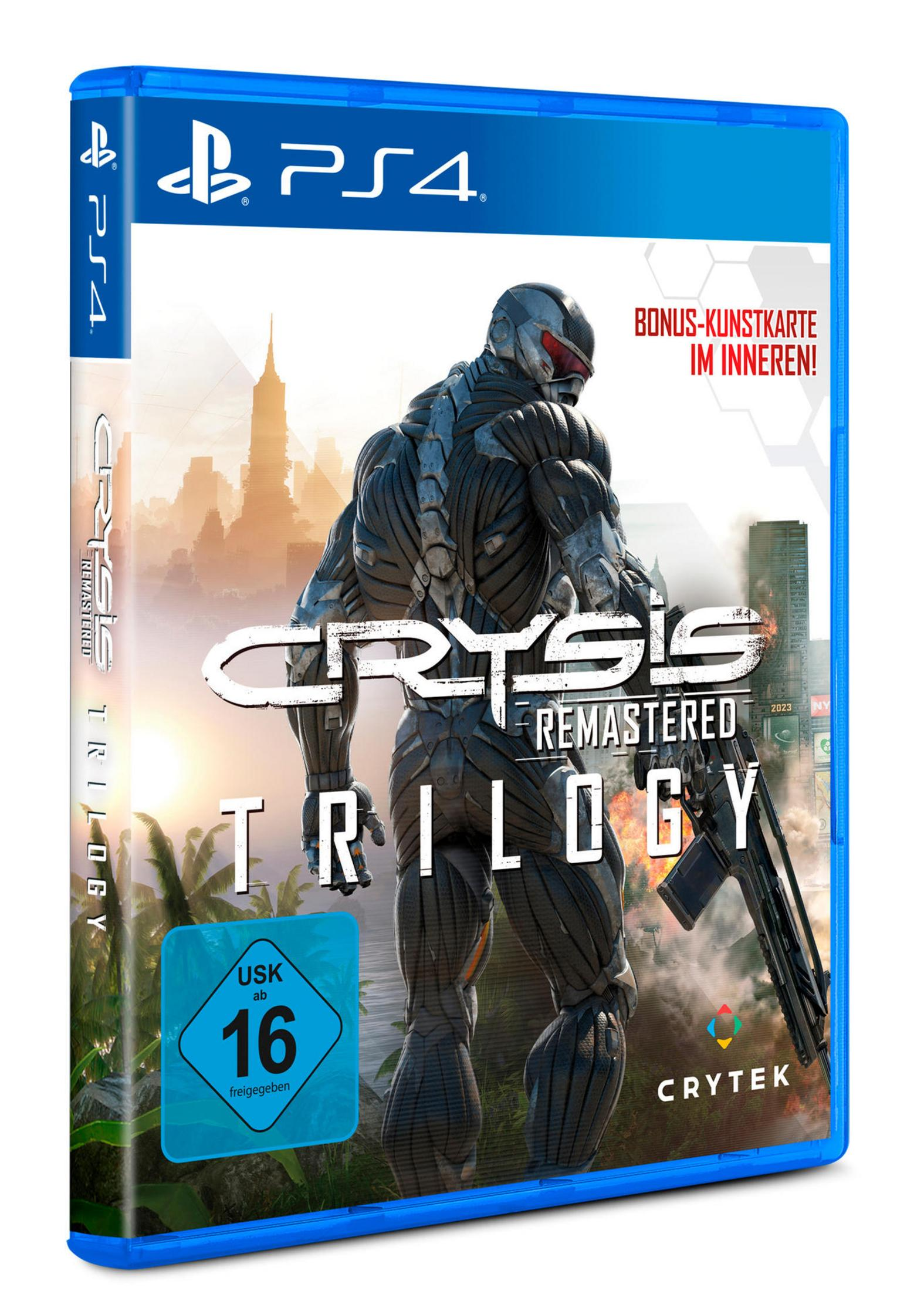 PS4-Spielbox: Crysis Remastered Trilogy mit Rüstungscharakter und Stadtlandschaft.