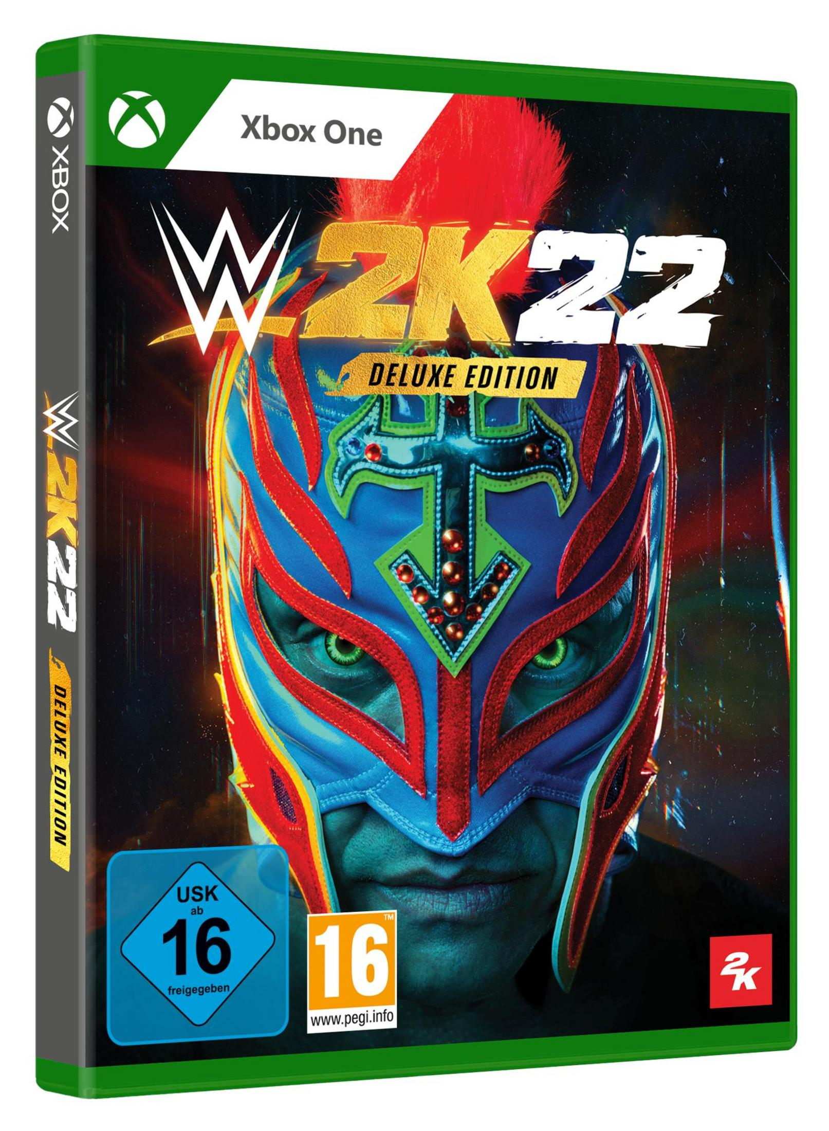 Spielcover für WWE 2K22, mit Wrestler-Maske. Grüne, schwarze, rote und weiße Schrift. Xbox One Logo.