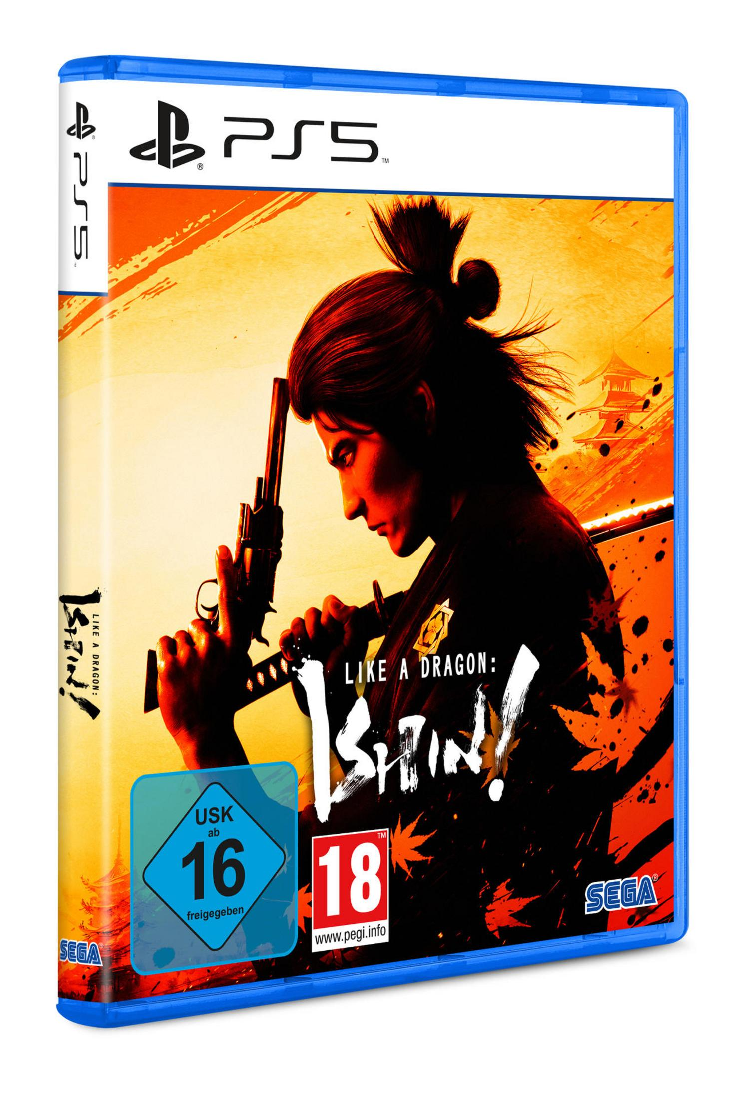 L'artwork de la boîte de jeu présente un homme tenant une arme à feu. Le jeu est Like a Dragon: Ishin! pour PS5.
