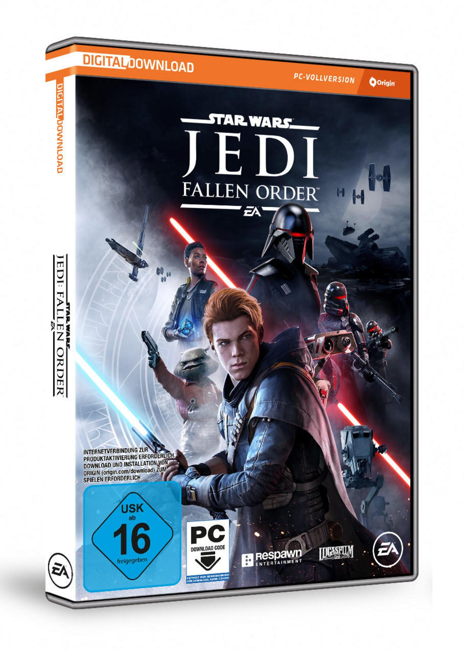 Spielbox für Star Wars Jedi: Fallen Order. Zeigt Charaktere aus dem Spiel mit dunklem Hintergrund.