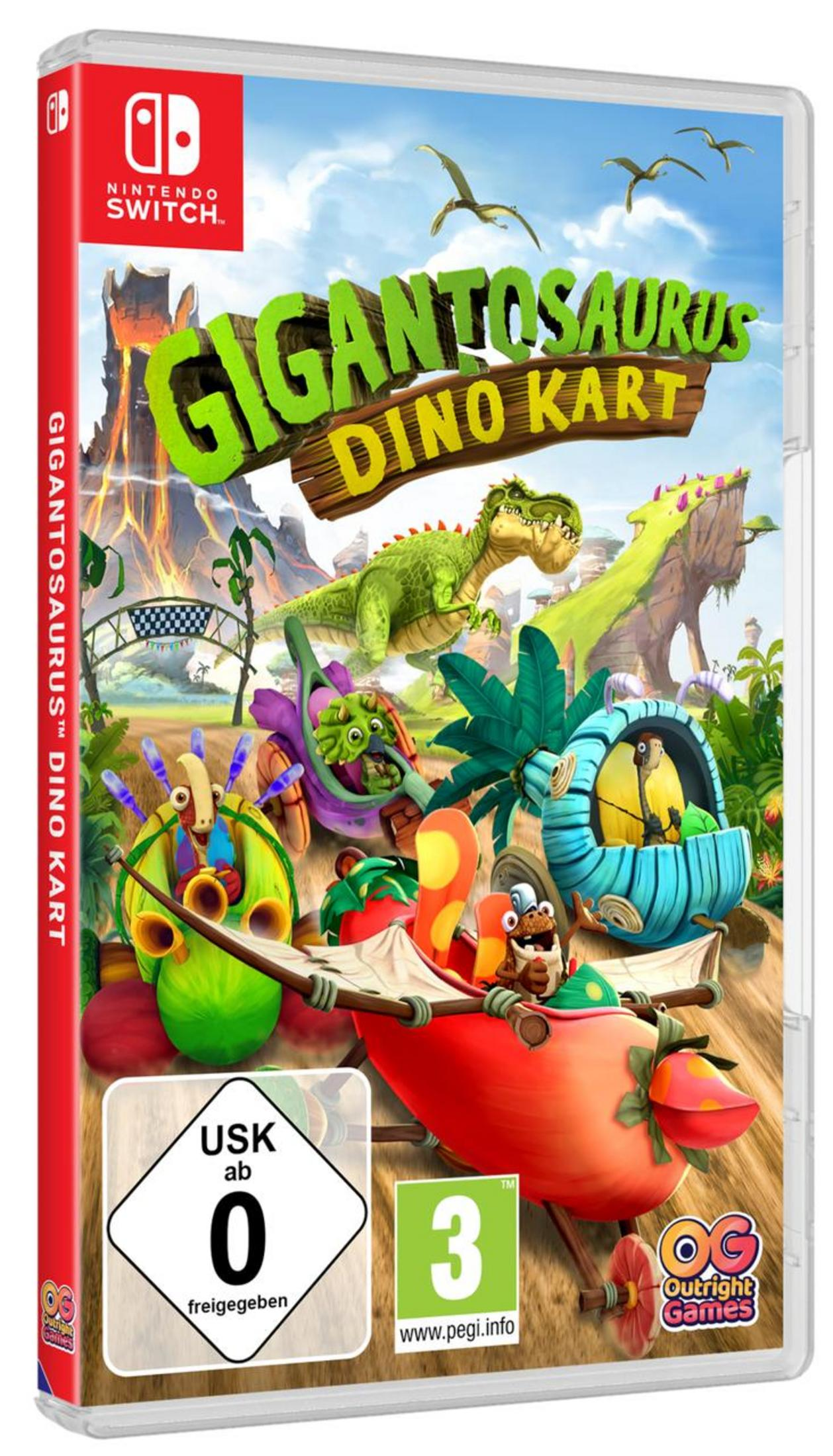 Nintendo Switch Spielhülle für 'Gigantosaurus Dino Kart' mit Cartoon-Dinosauriern und farbenfroher Grafik.