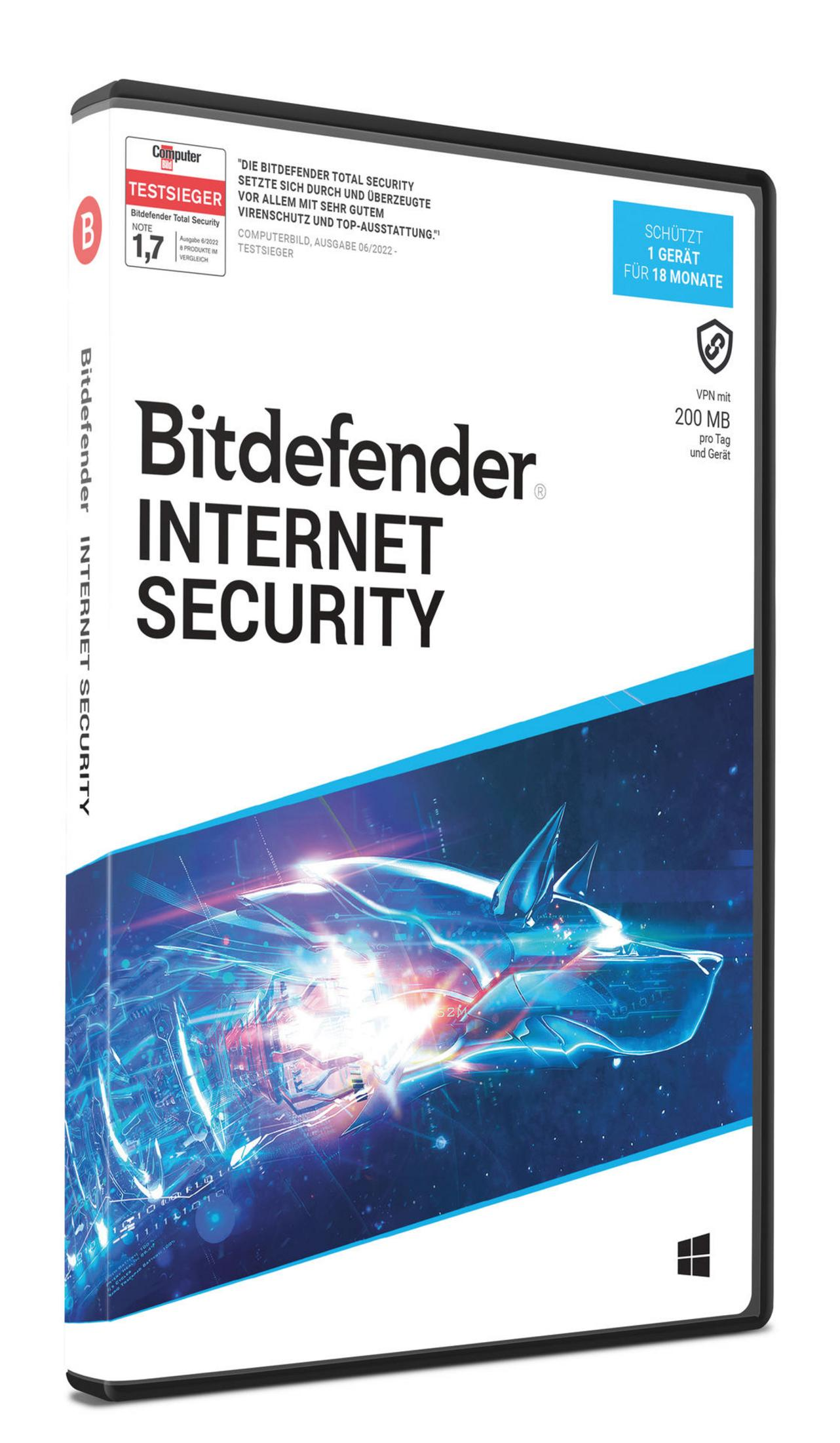 Bitdefender Internet Security Spielbox. Es hat ein blaues und schwarzes Farbschema. Text: Internet Security.