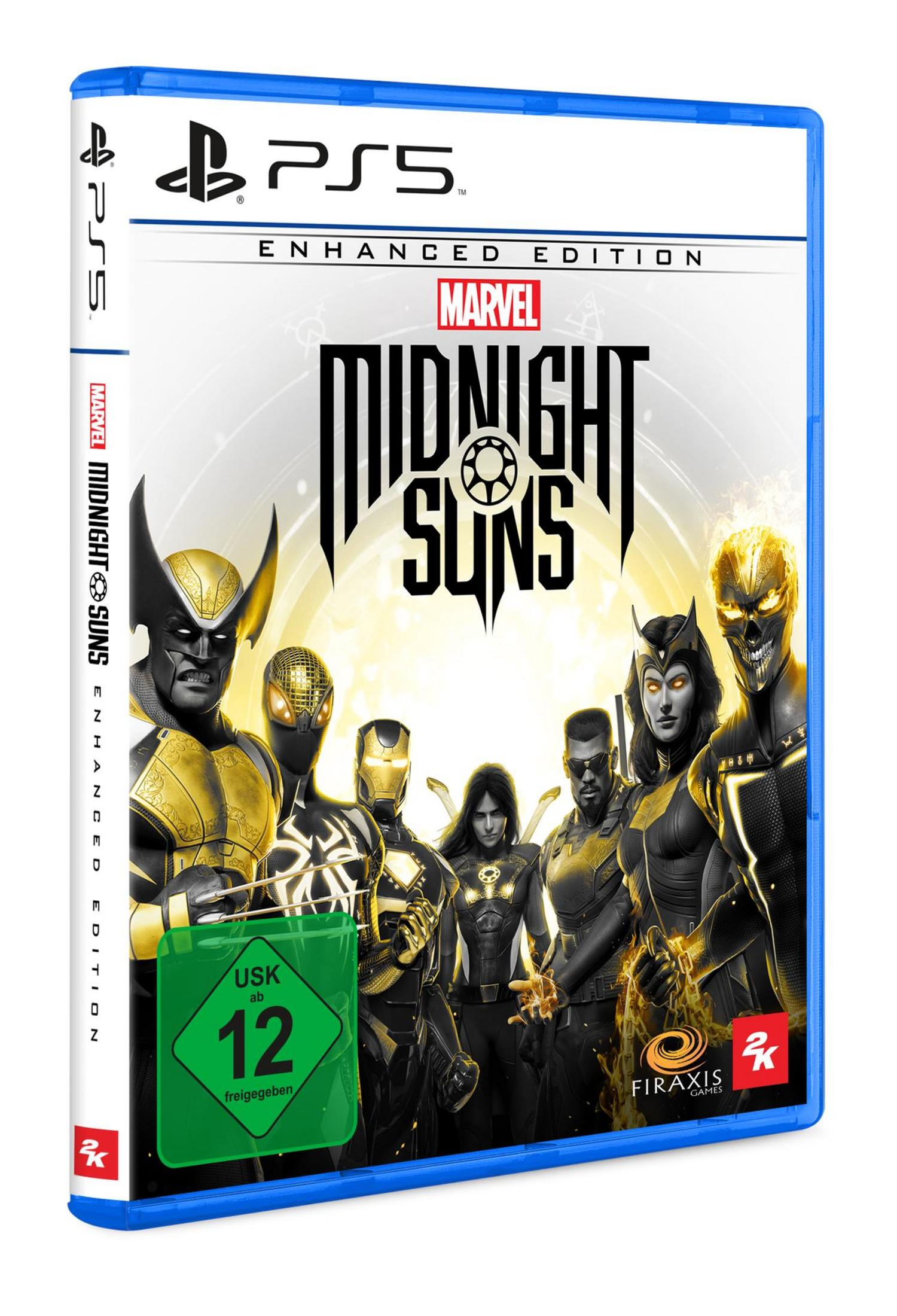 Pudełko gry Marvel Midnight Suns. Postacie w złotych i ciemnych strojach stoją.