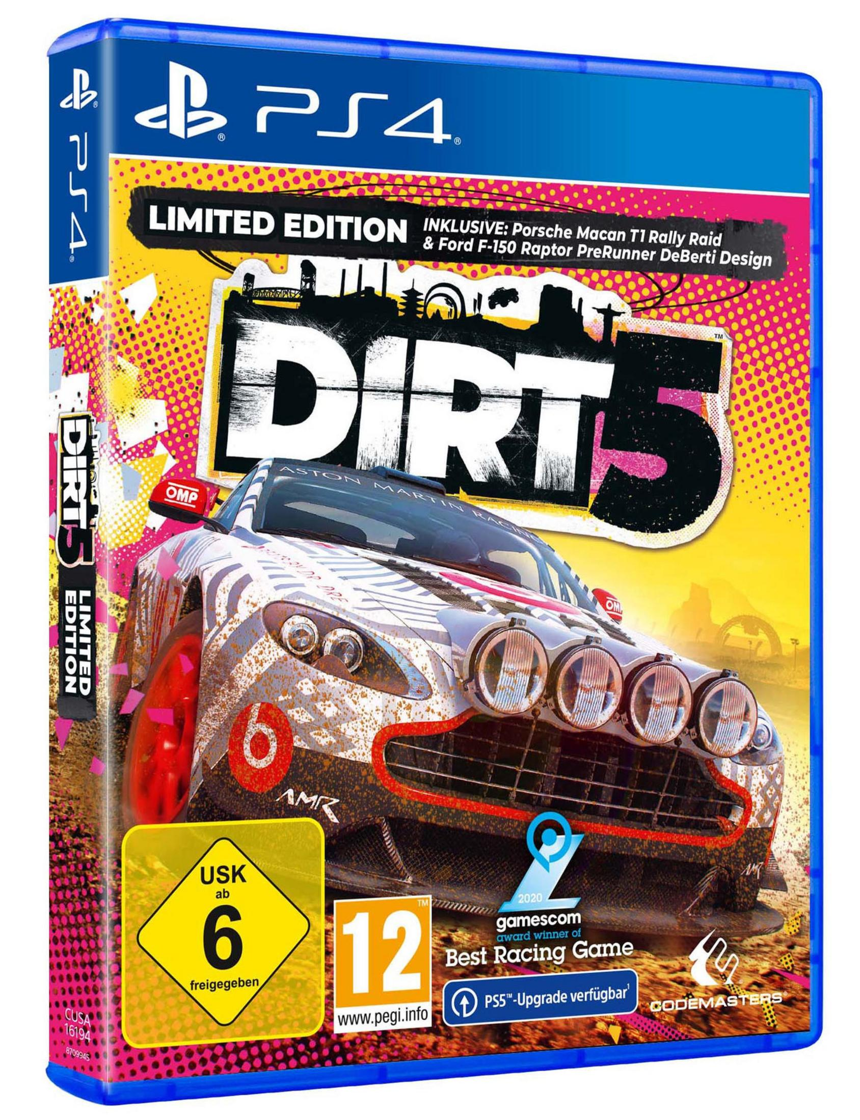 PS4-Spielbox für Dirt 5, Rennwagen auf dem Cover, Limited Edition. Gelbes Rating-Abzeichen, blaue Hülle.