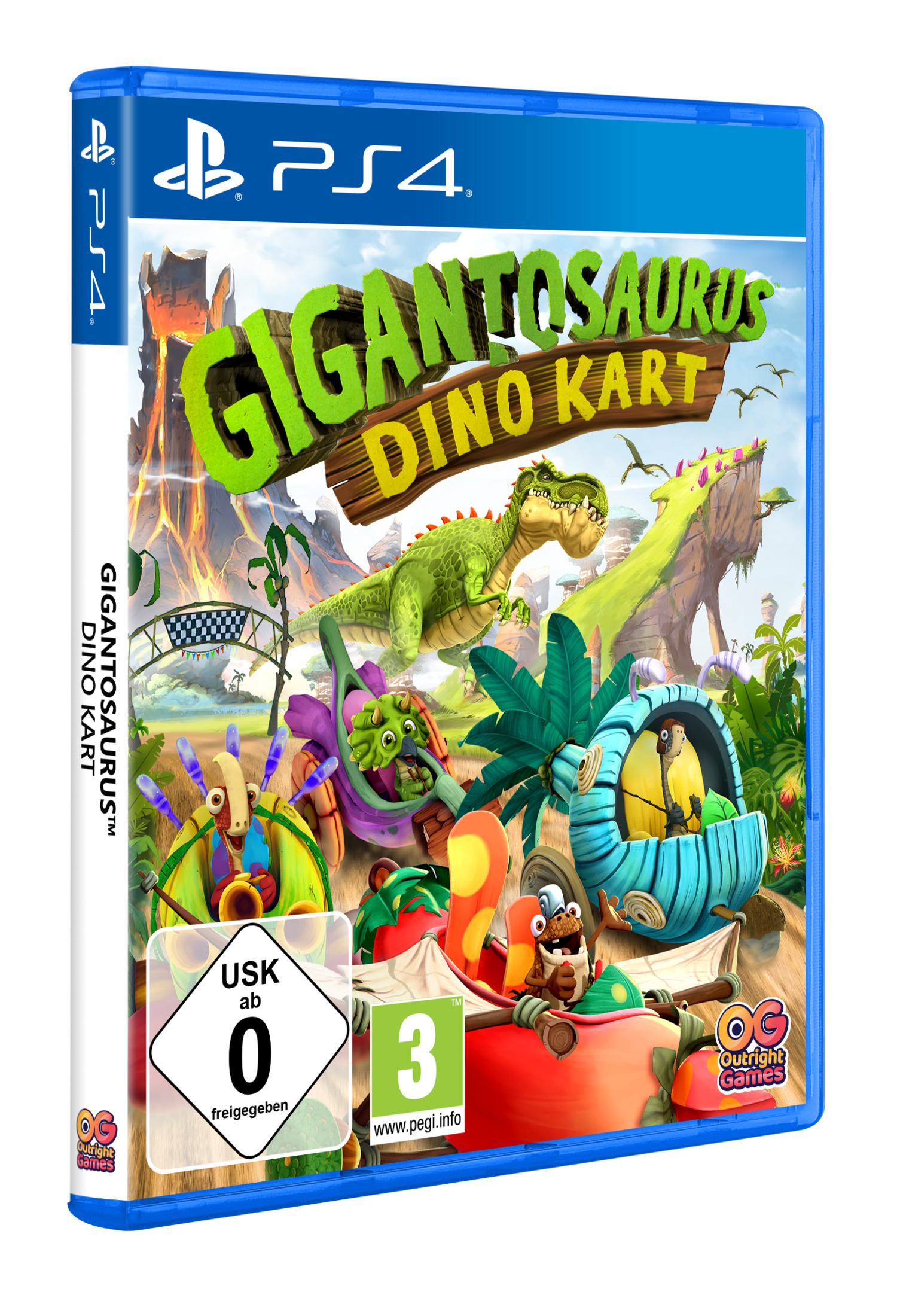 PS4-Spielcover: 'Gigantosaurus Dino Kart'. Zeigt Dinosaurier, Rennwagen und den Spieltitel.