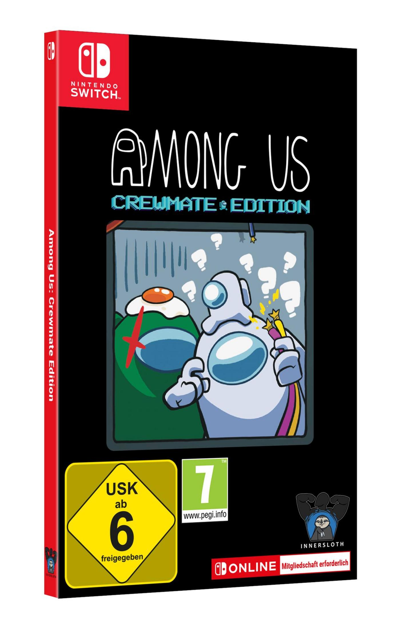 Among Us Spielcover auf einer Switch-Box. Crewmitglieder und ein Impostor. Schwarzer Hintergrund.