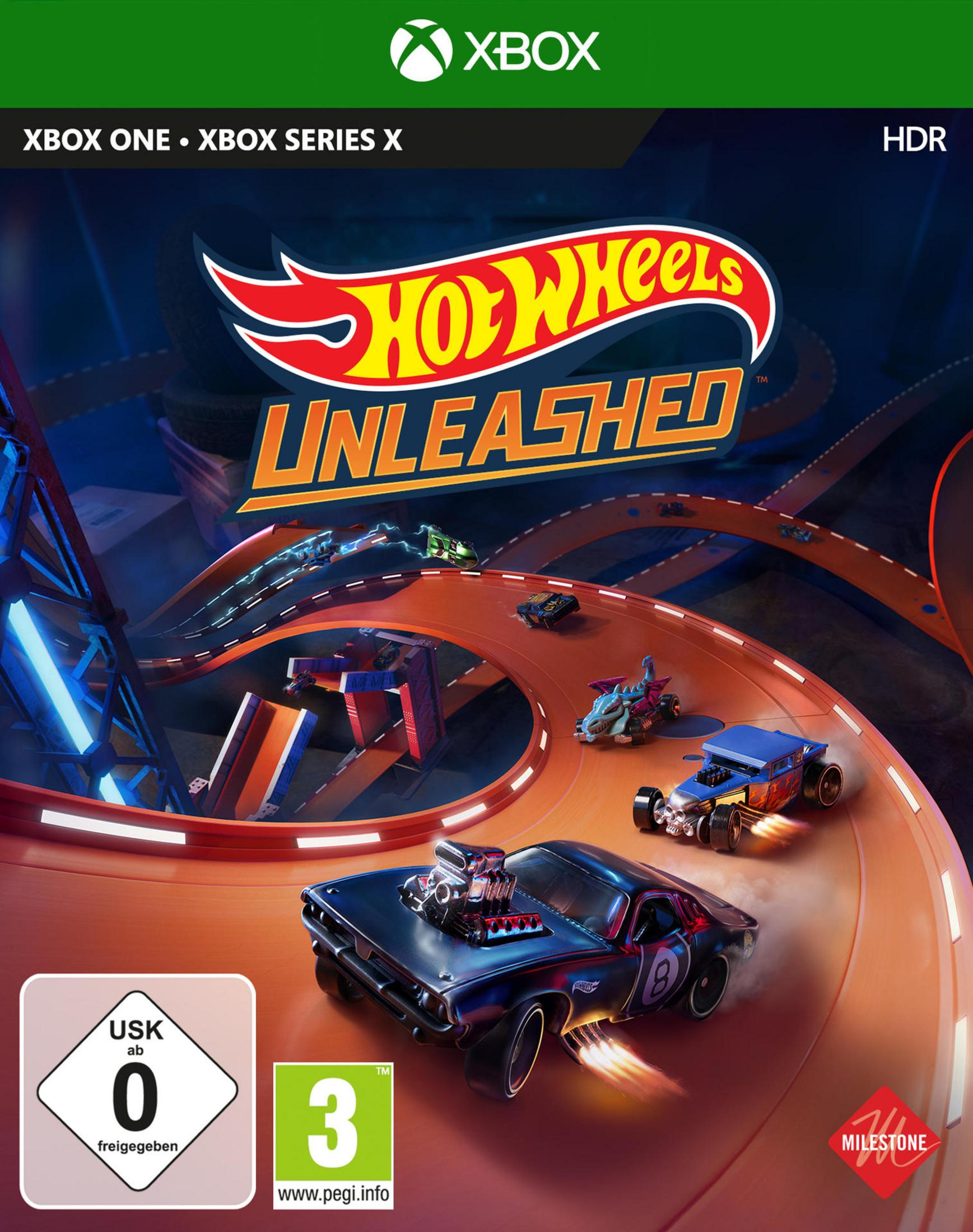 Hot Wheels Unleashed Spielbox-Art. Zeigt Autos beim Rennen. Enthält die USK-Einstufung und Xbox-Logos.