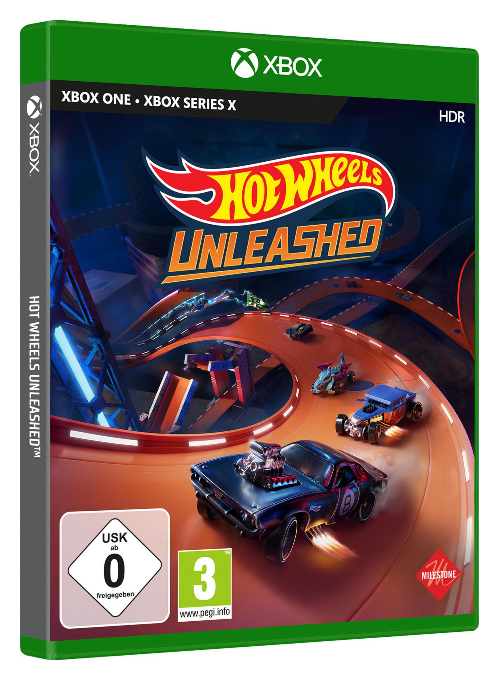 Hot Wheels Unleashed Spielbox. Autos rasen auf der Strecke, helle Farben, Xbox-Logo.