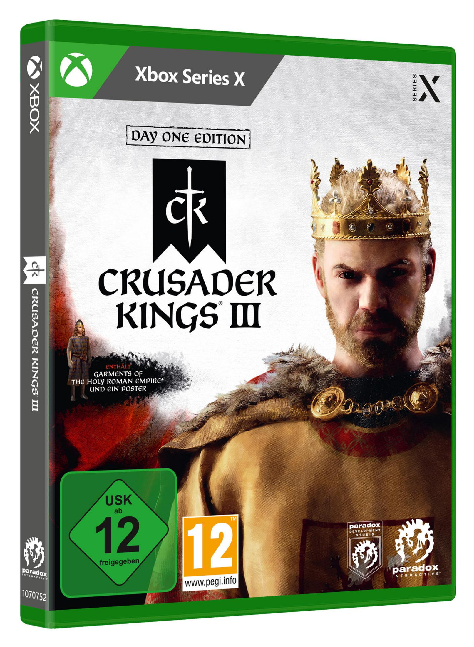 Xbox Series X Spielbox, Crusader Kings III. Ein Mann mit Krone ist auf dem Cover. Die Spielbewertung ist 12+.