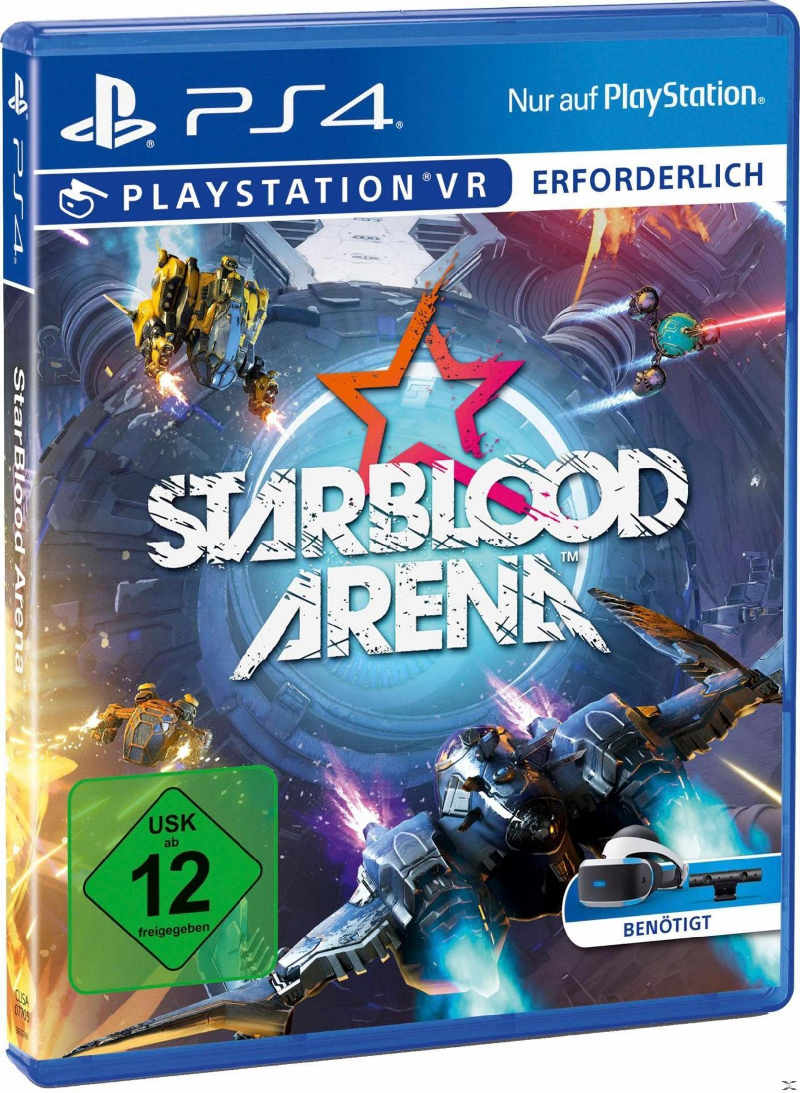 Eine PS4-Spielbox für Starblood Arena, die eine Weltraumbildszene mit futuristischen Schiffen zeigt.