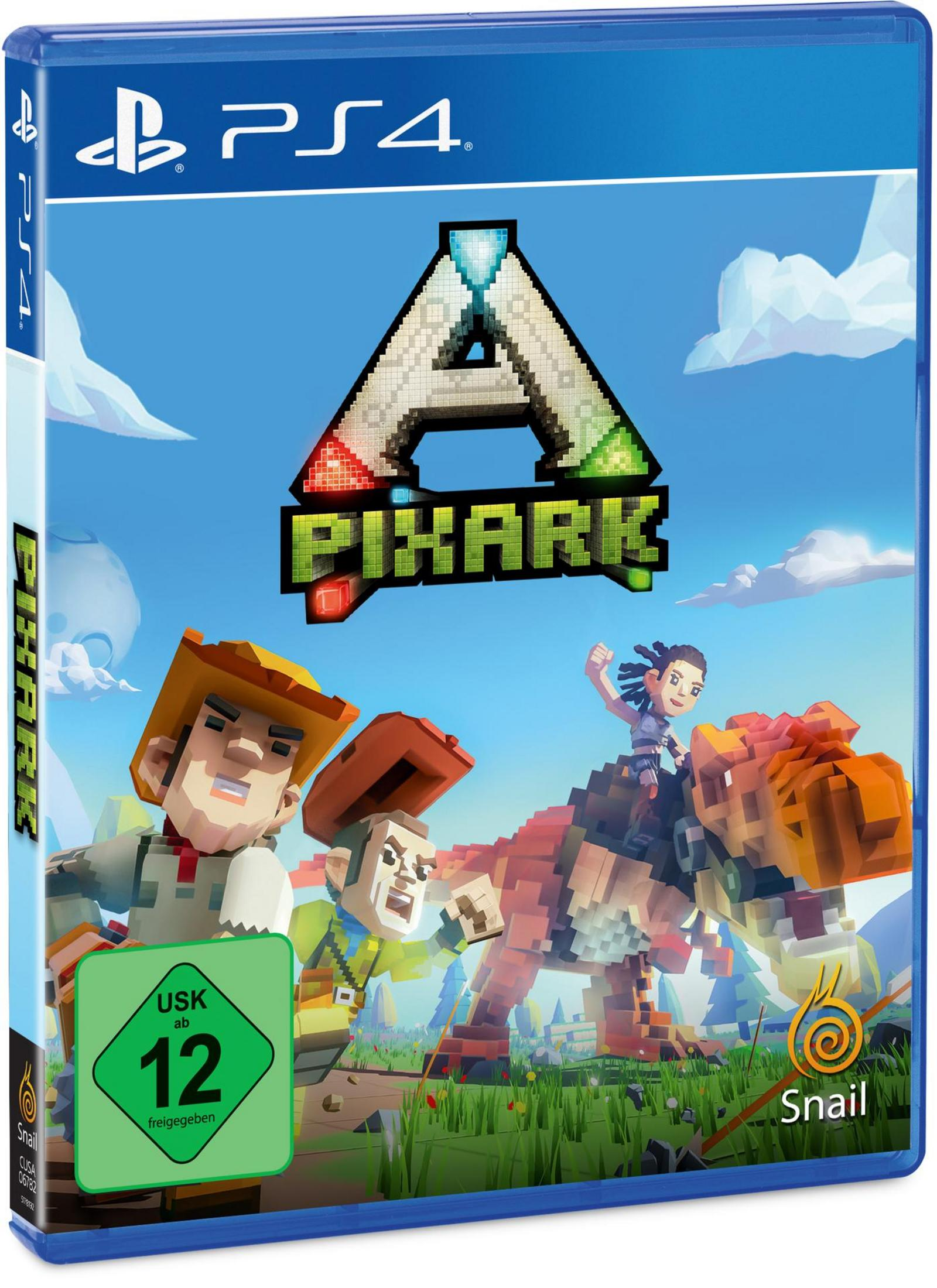 Spielbox mit Cartoon-Figuren, blauer Himmel Hintergrund.