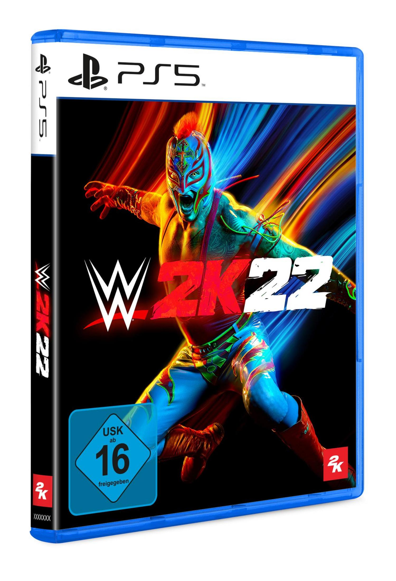 WWE 2K22 PS5 Spielhülle mit einem Wrestler in einer farbenfrohen Pose.