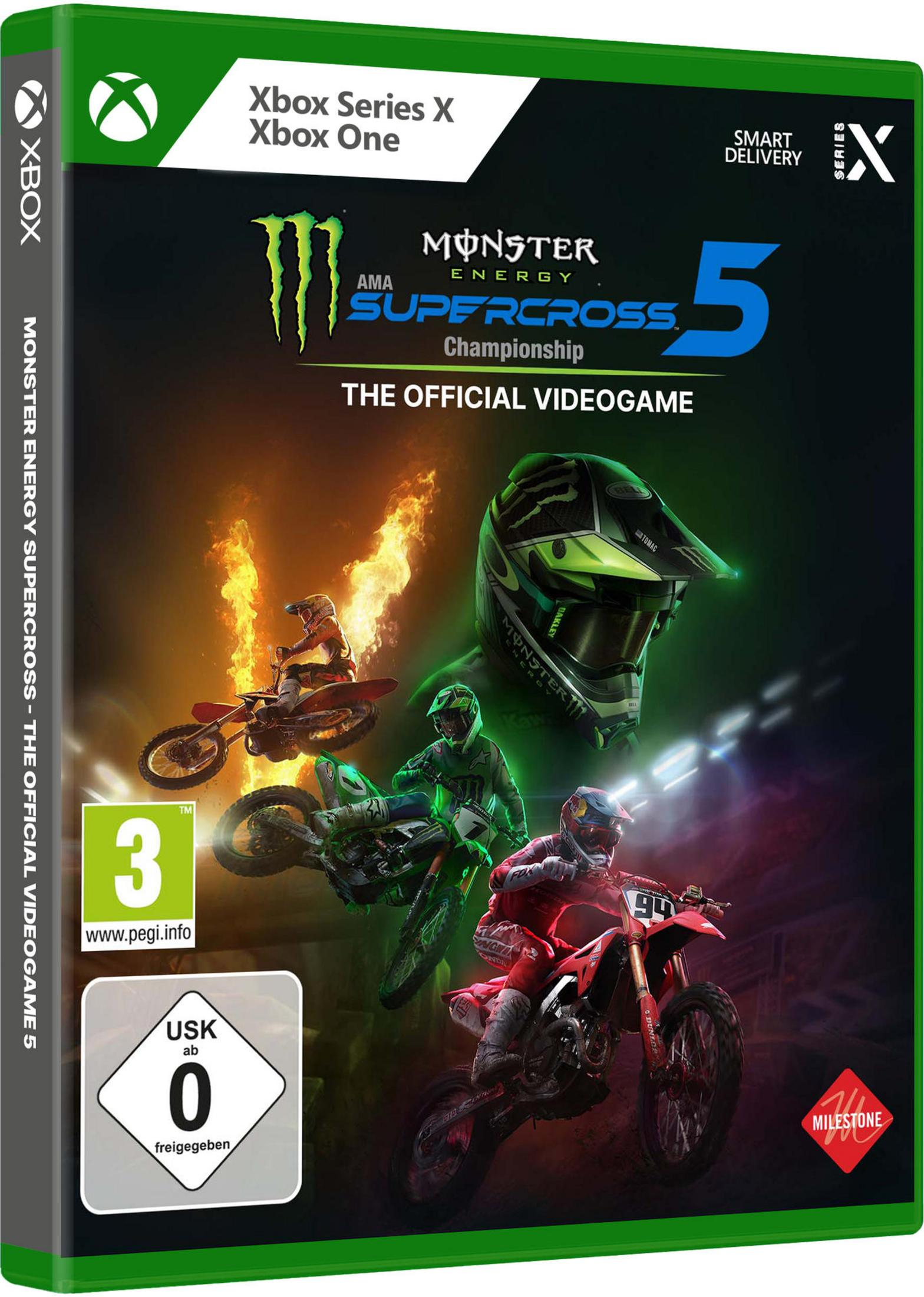Xbox Series X Spielbox von Monster Energy Supercross 5, mit Motocross-Rennfahrern und Spieldetails.