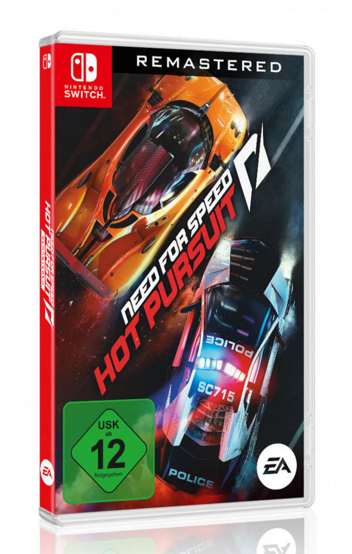 Spielhülle für Nintendo Switch: Need for Speed Hot Pursuit Remastered. Zwei Autos rasen, ein Polizeiauto.