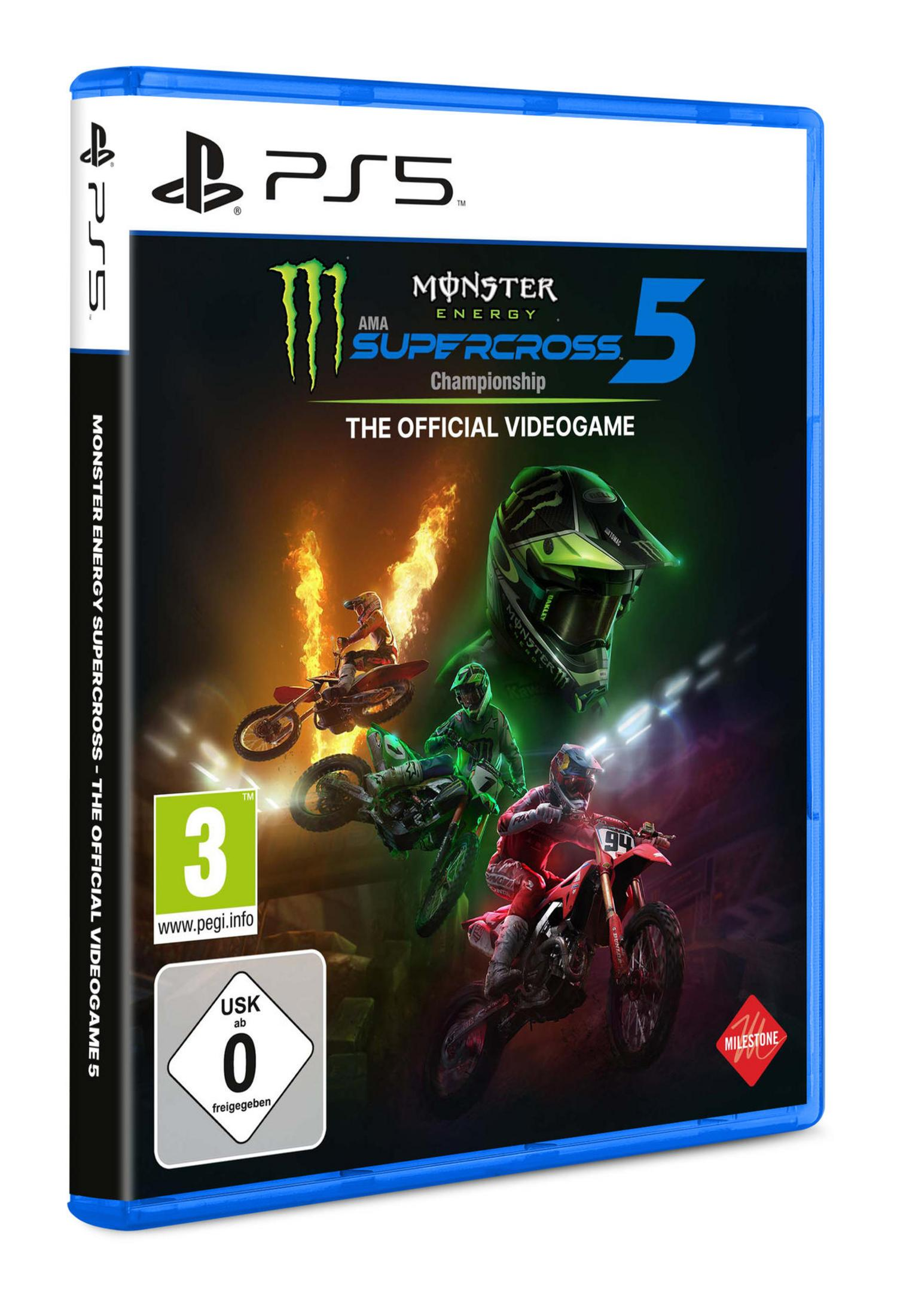 Monster Energy Supercross 5 Spielbox. Motocross-Bikes, Flammen, PS5-Logo.