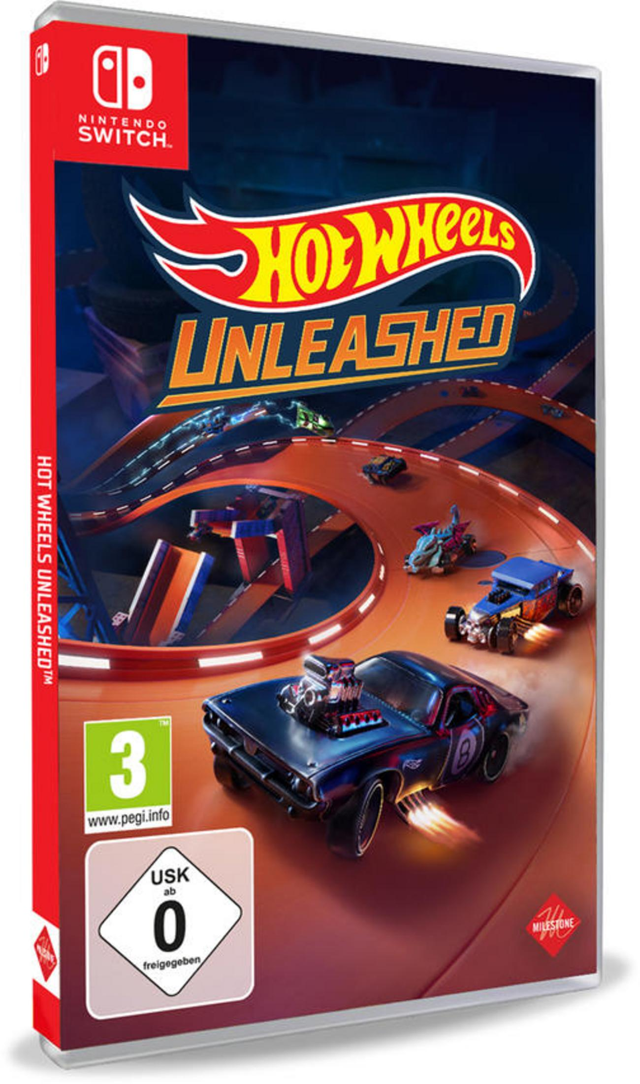 Hot Wheels Unleashed Spielhülle für Nintendo Switch, Autos rasen auf der Strecke.