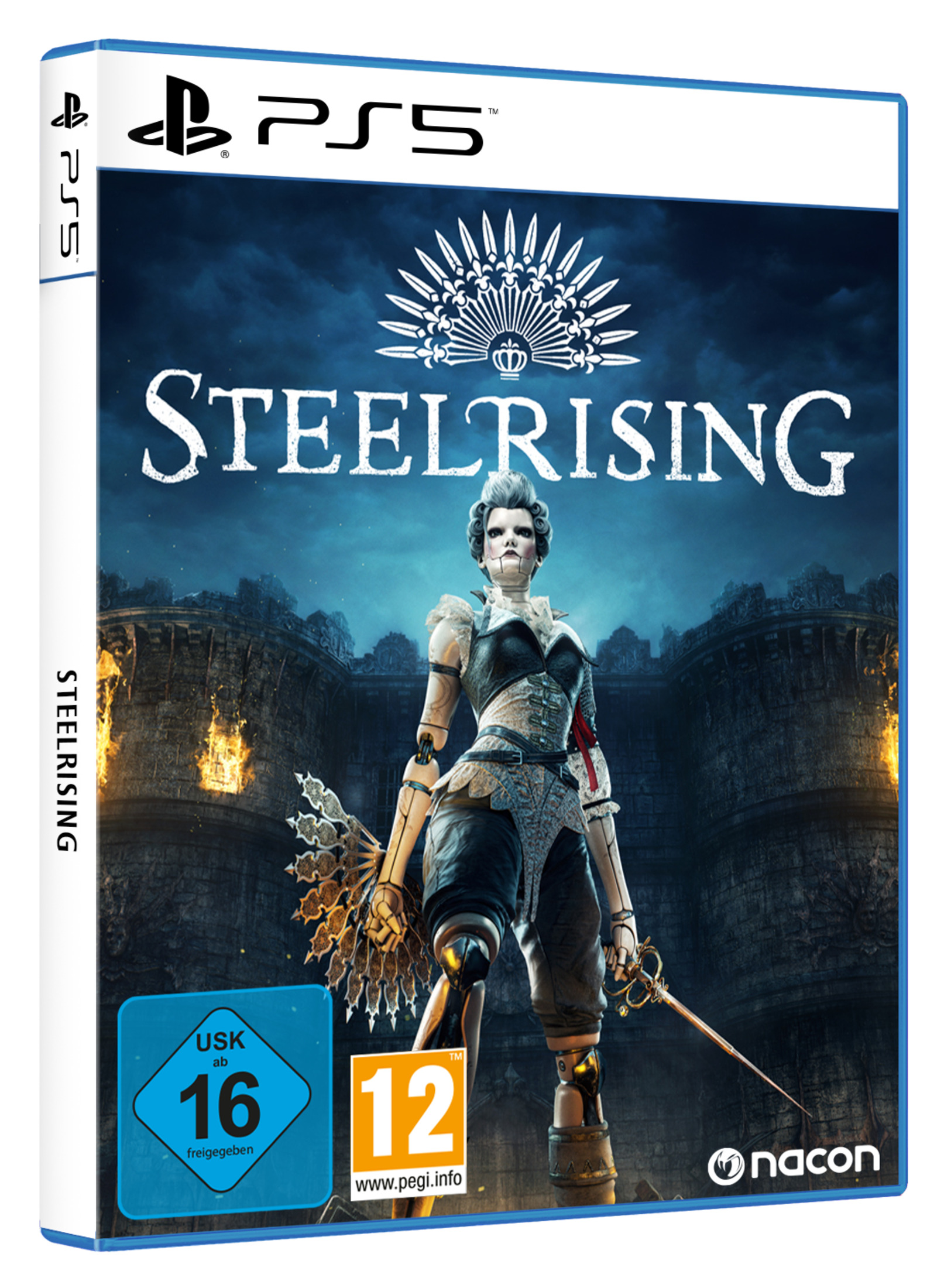Spielverpackung mit puppenartigem Charakter und gotischem Hintergrund.