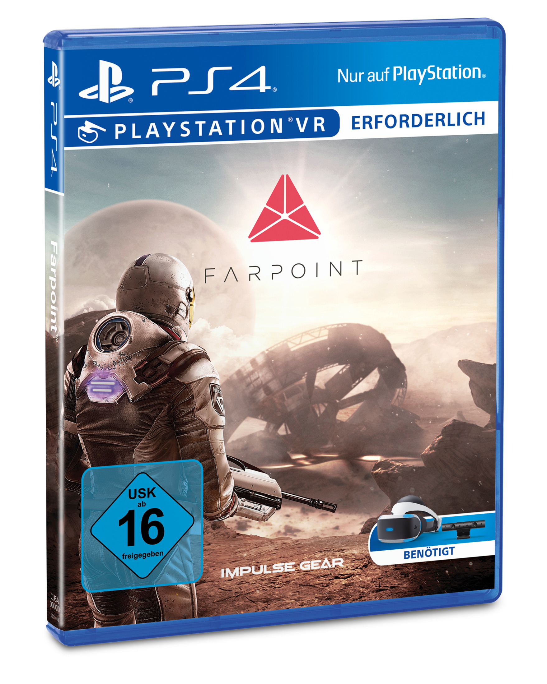 PS4-Spielverpackung für 'Farpoint'. Enthält Astronaut, Raumschiff und Planetenkunst. USK 16 Bewertung.