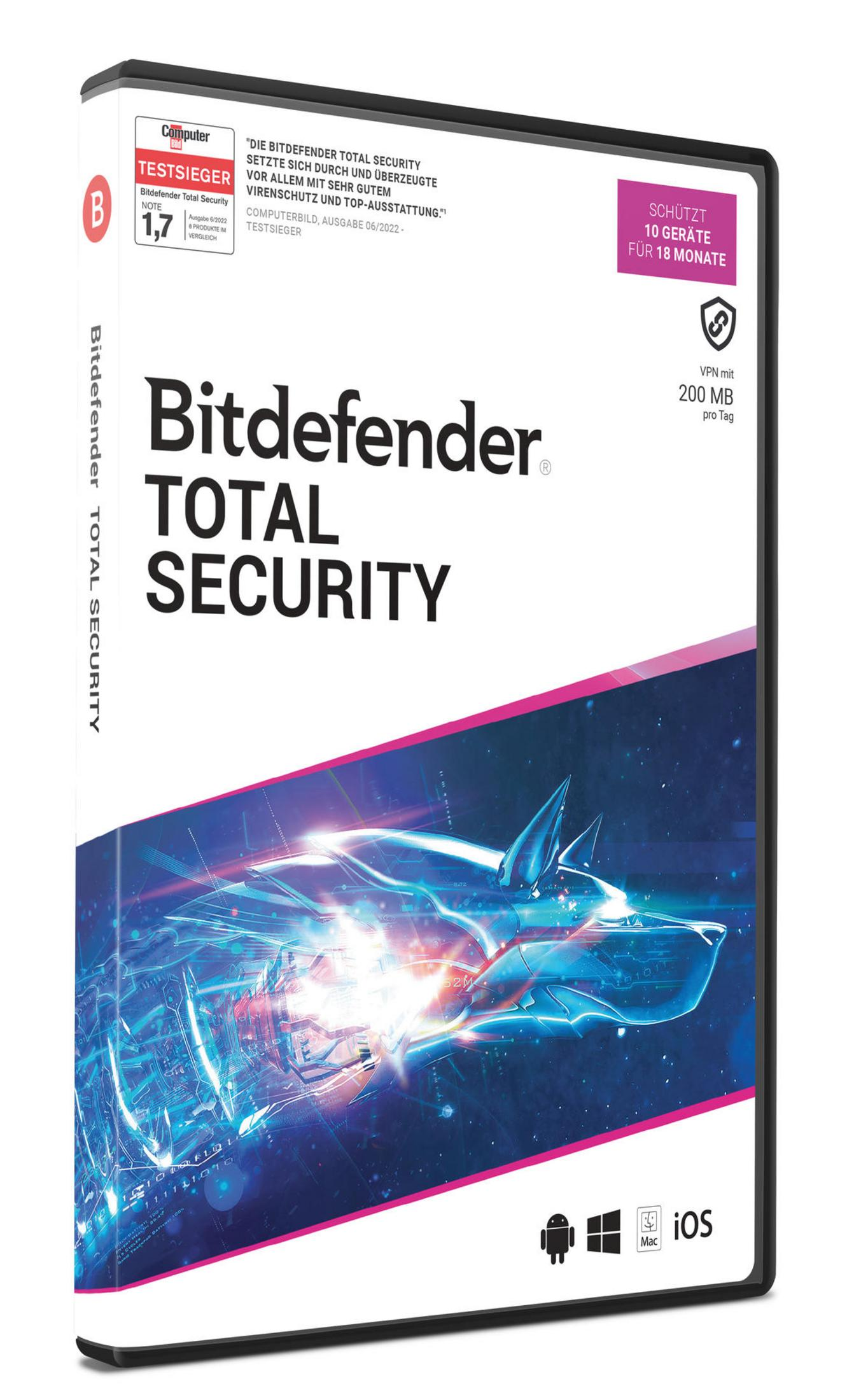 Scatola del gioco Bitdefender Total Security. Presenta un design blu e viola con un'icona a scudo e un limite di 10 dispositivi.
