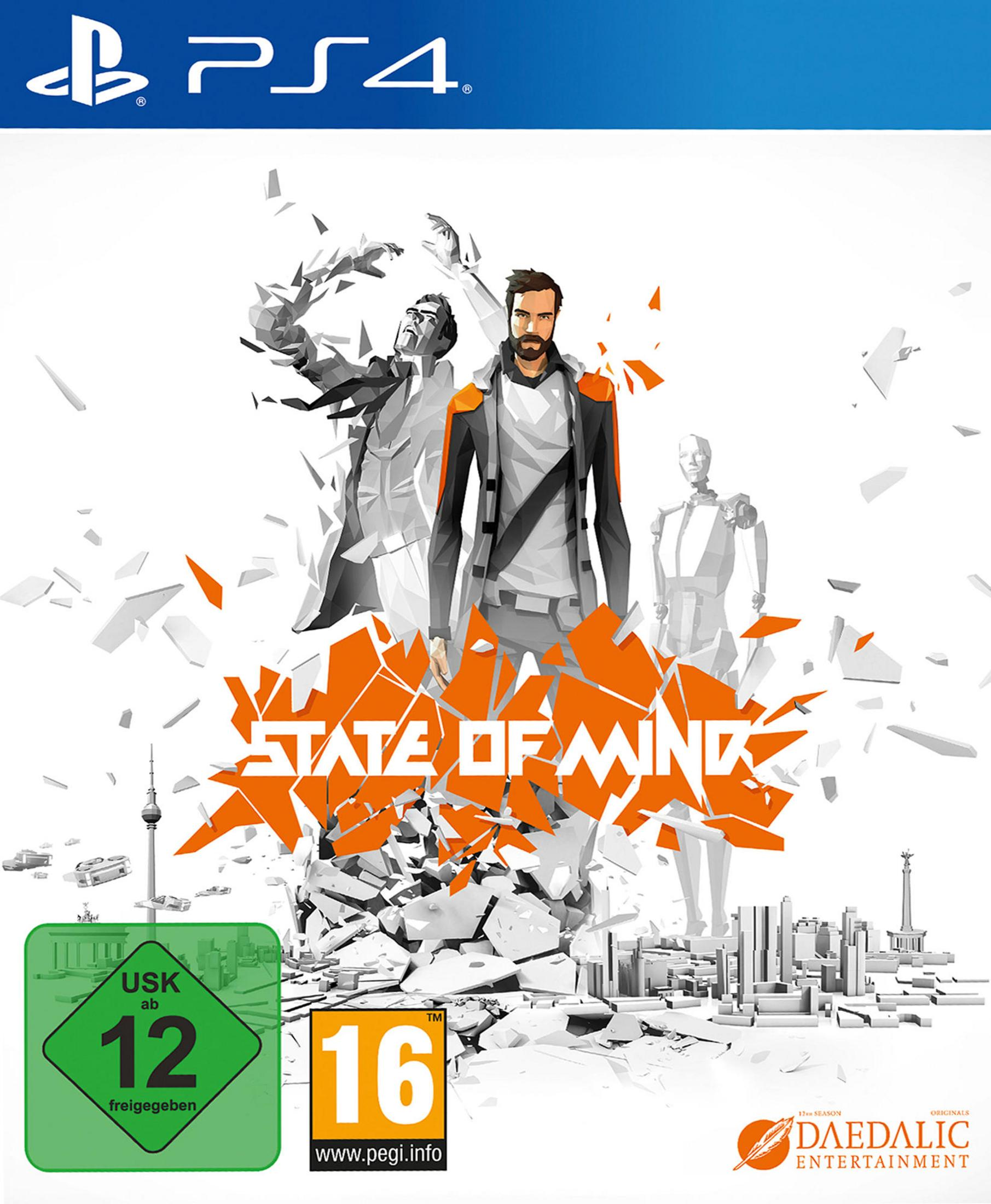 State of Mind Spielcover. Mann in orangefarbener Jacke und Stadt im Hintergrund. PS4 Box.
