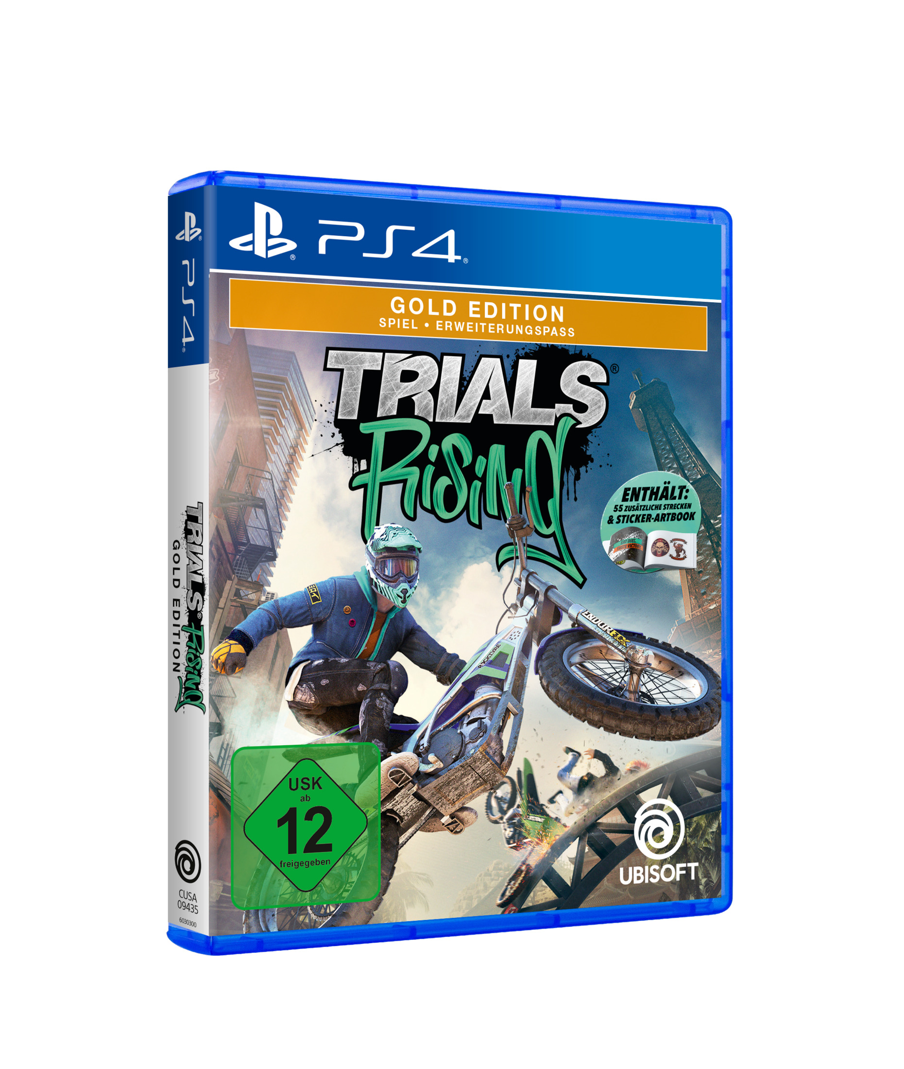 PS4-Spielbox, Trials Rising: Gold Edition, mit Motorradfahrer auf dem Cover.