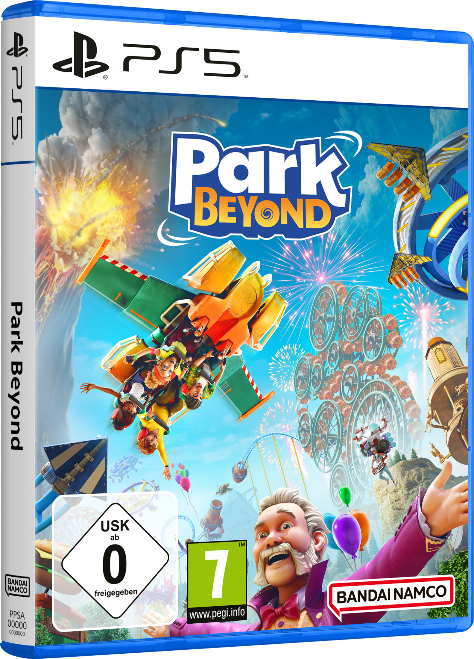 Eine PS5-Spielbox. Das Spiel ist Park Beyond mit einem farbenfrohen Cover mit Charakteren.