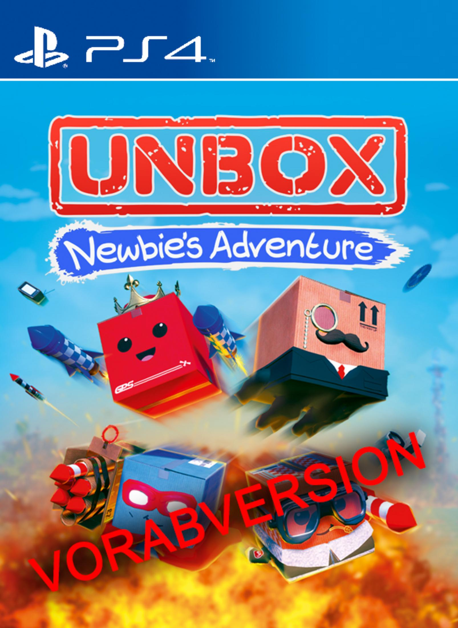 Unbox: Newbie's Adventure, copertina del gioco per PS4. Presenta scatole animate in un ambiente colorato.