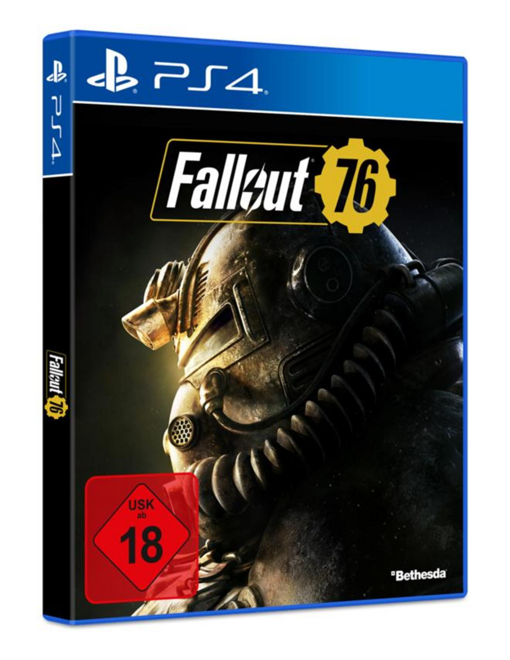 Copertina del gioco Fallout 76 per PS4. Mostra una figura con elmetto e logo.