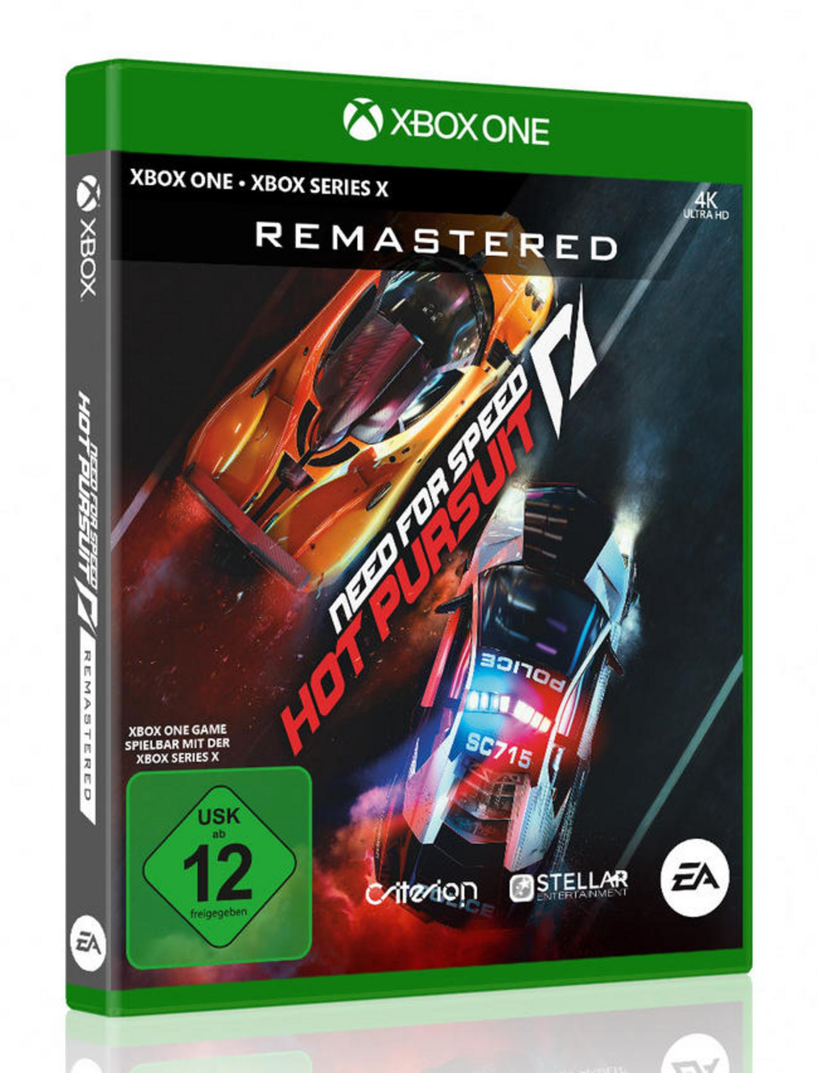 XBOX ONE Spielbox. Rote und orangefarbene Autos rasen. Titel: Need for Speed Hot Pursuit Remastered.