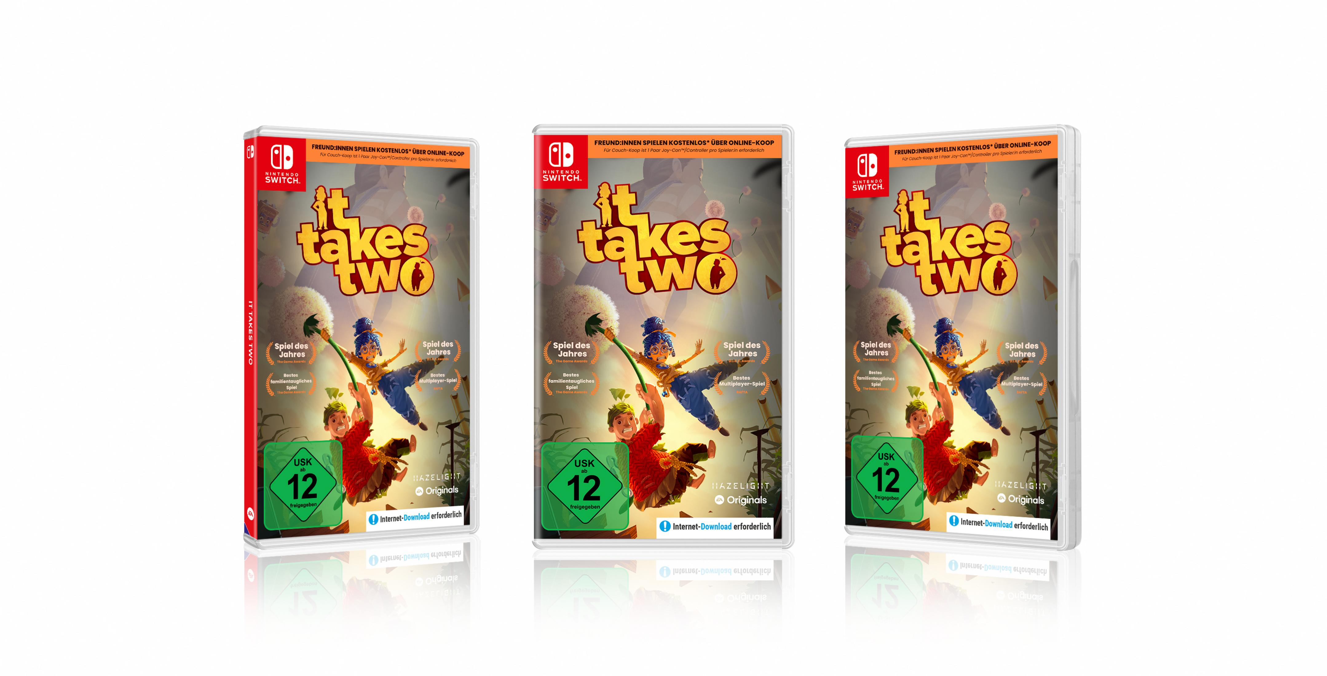 Drei Nintendo Switch-Spielehüllen für 'It Takes Two', weißer Hintergrund, Seitenansicht.