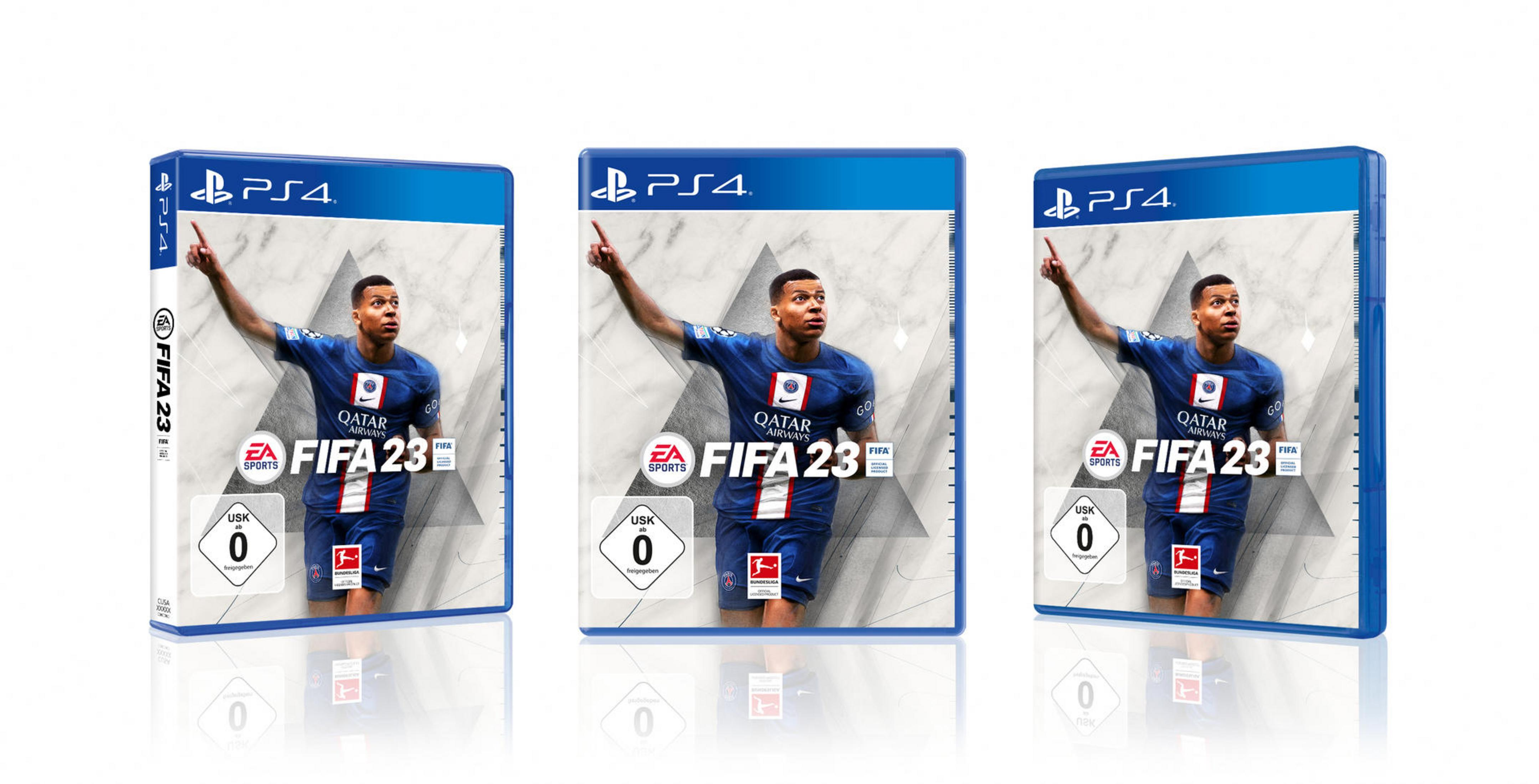 Drei FIFA 23 PS4-Spielboxen mit einem Spieler auf dem Cover.