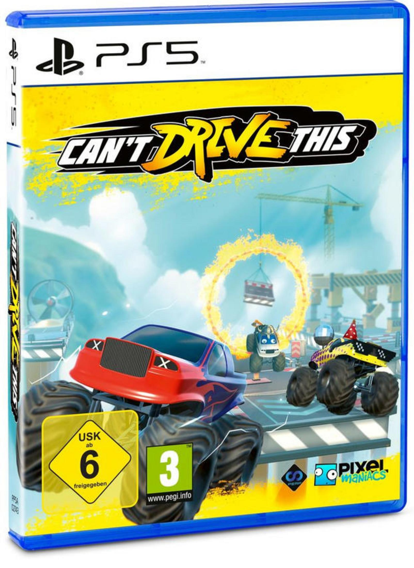 Can't Drive This Spielcover. Monstertrucks und ein Auto auf einer Strecke. PS5 Box.