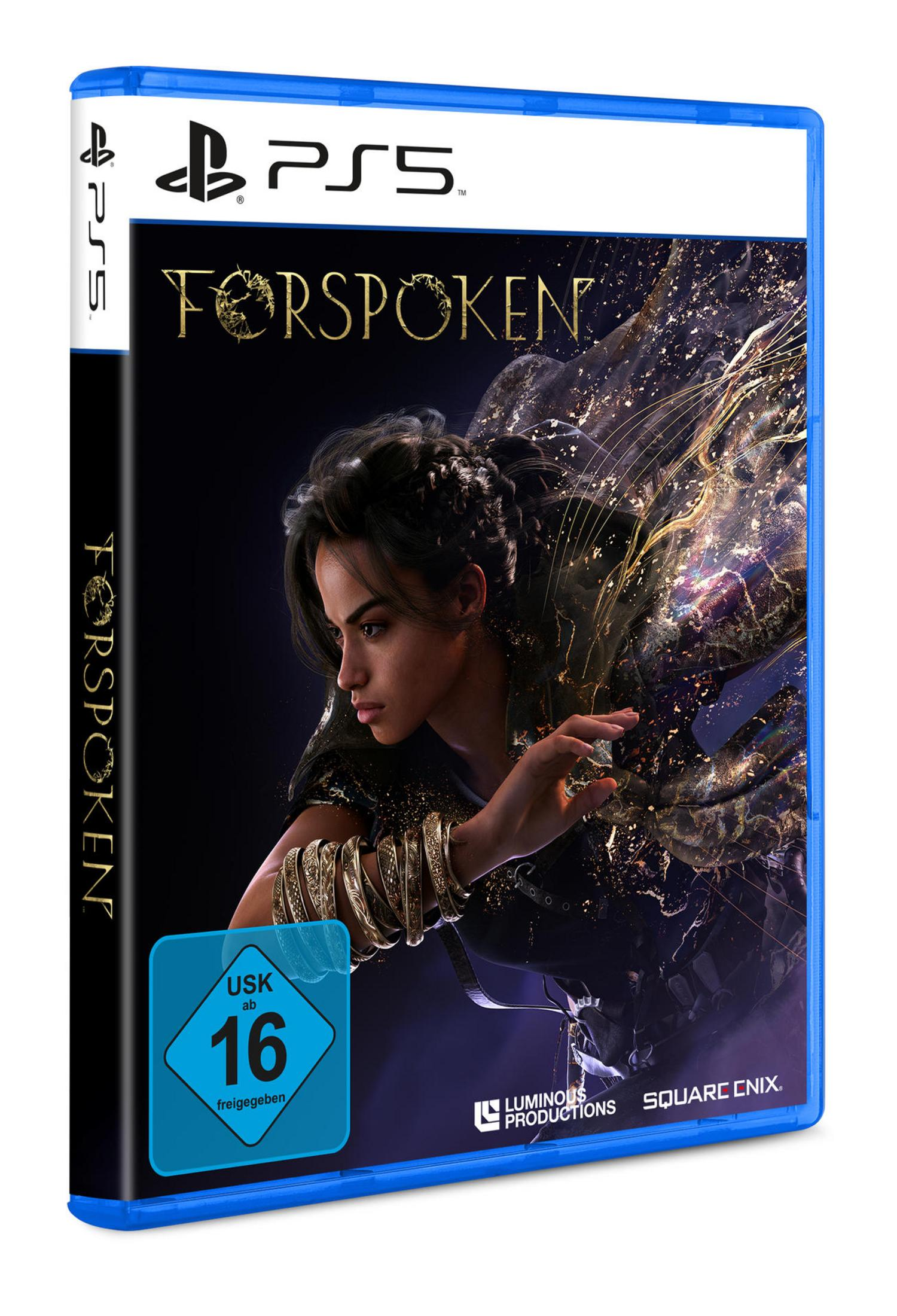 Eine blaue PS5-Spielbox mit dem Titel 'Forspoken' und einem Frauenbild auf dem Cover.