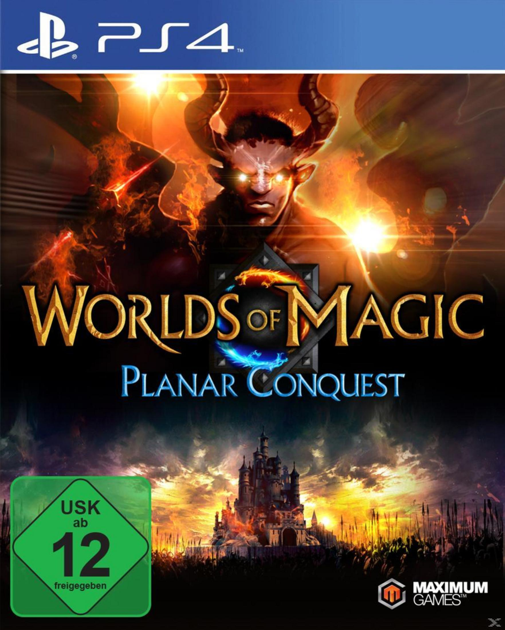 Jaquette de jeu pour PS4 : un démon avec des cornes, des flammes et un château. Texte : Worlds of Magic, Planar Conquest.