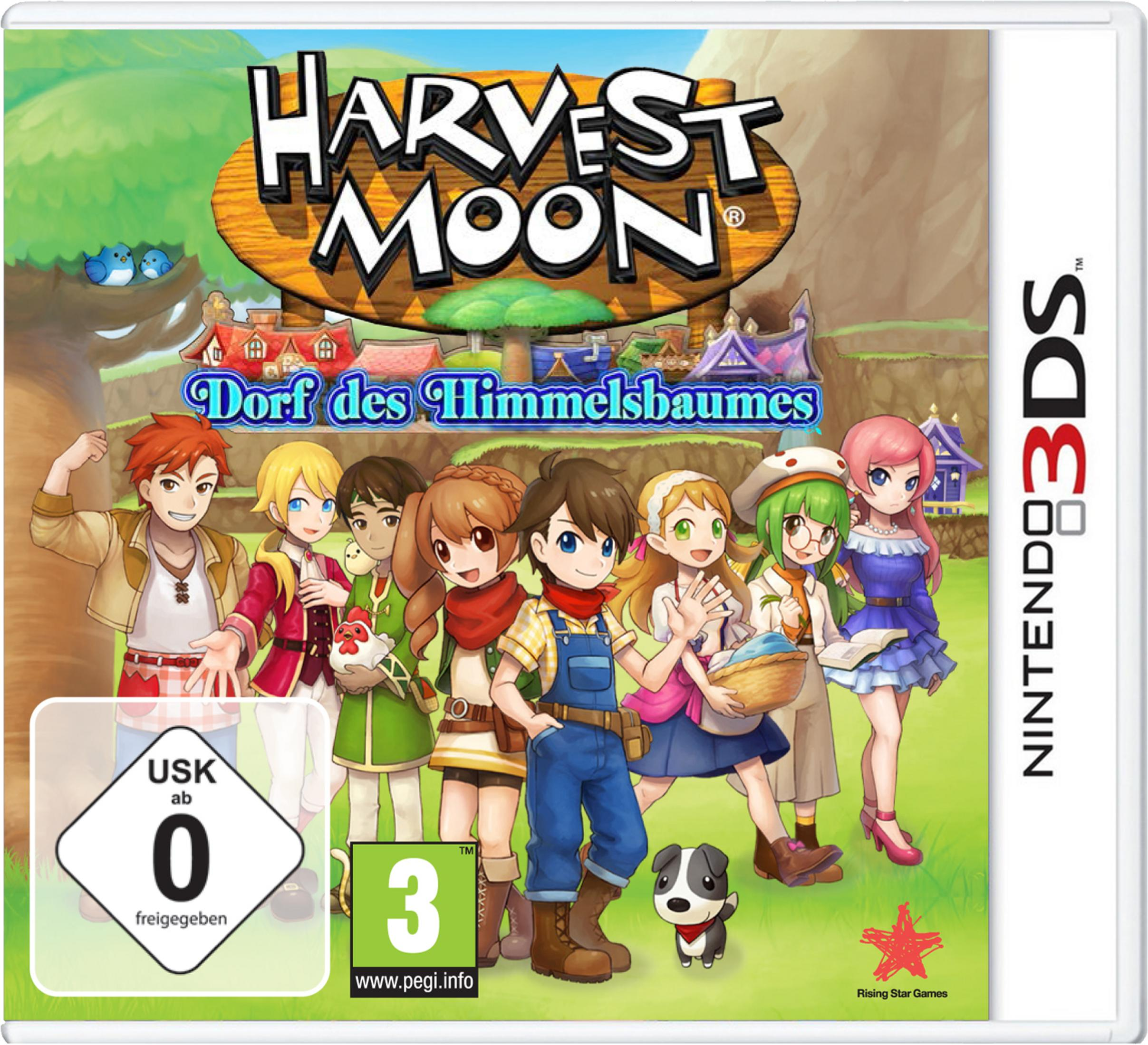 Das Spielcover für Harvest Moon: Dorf des Himmelsbaumes auf Nintendo 3DS, mit mehreren Zeichentrickfiguren.