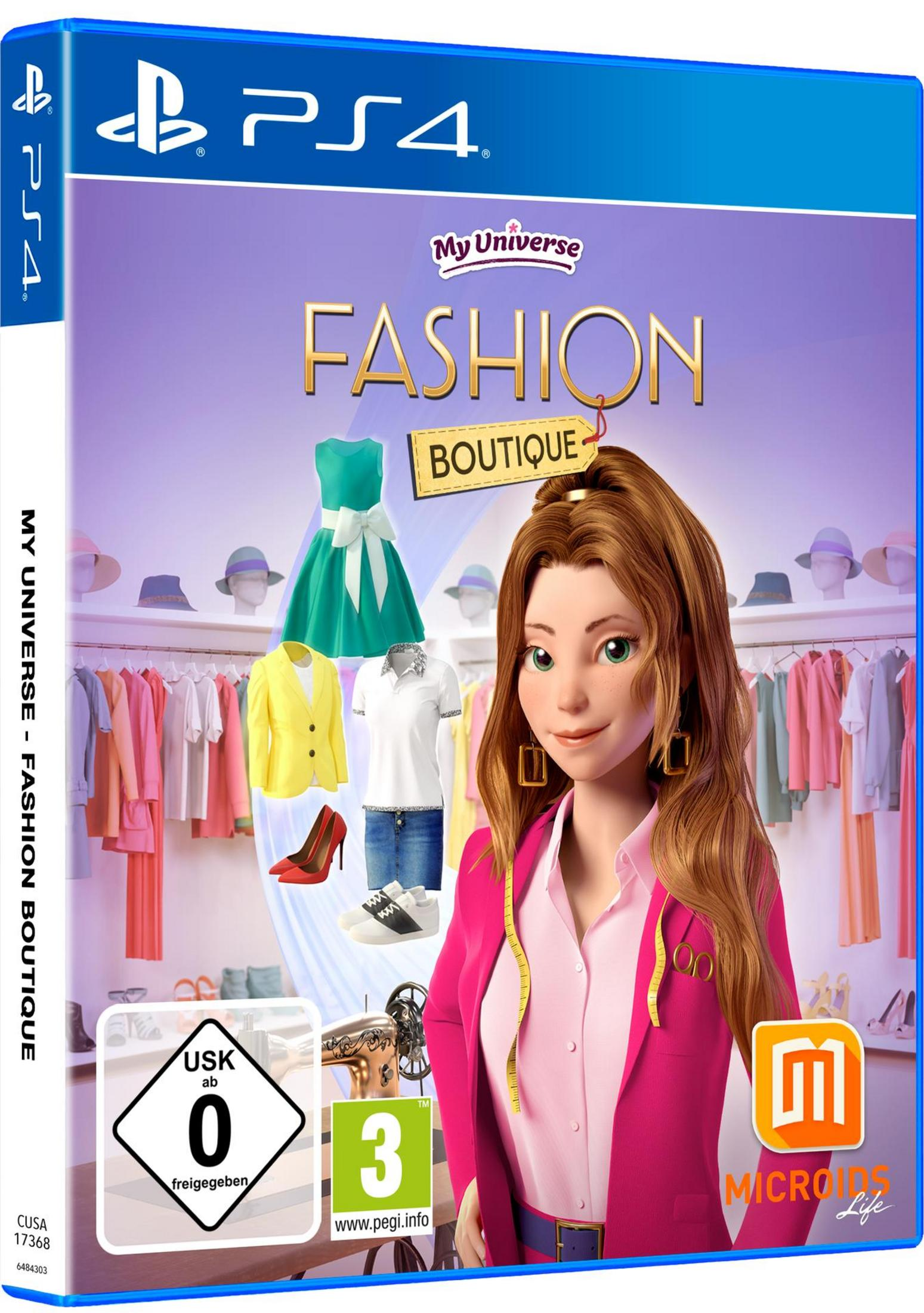 PS4-Spielbox. Zeigt eine Cartoon-Frau in einer Boutique mit Kleidung. Das Spiel heißt 'My Universe Fashion Boutique'.